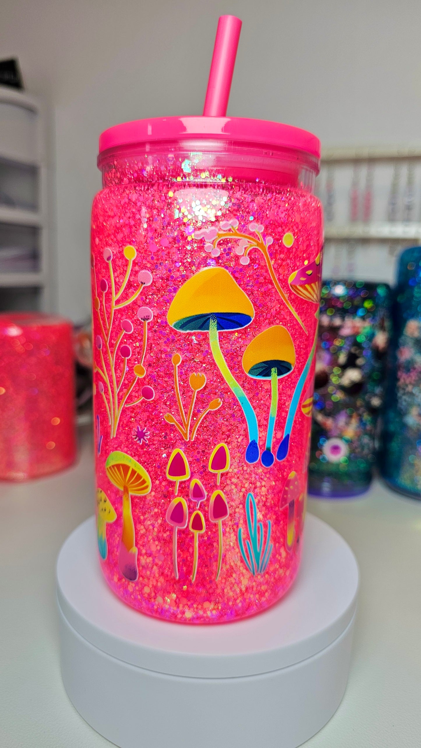 Neon Pink & Orange Trippy Hippie Mushroom Snow Globe Tumbler Cup 16 oz Neon Glitter