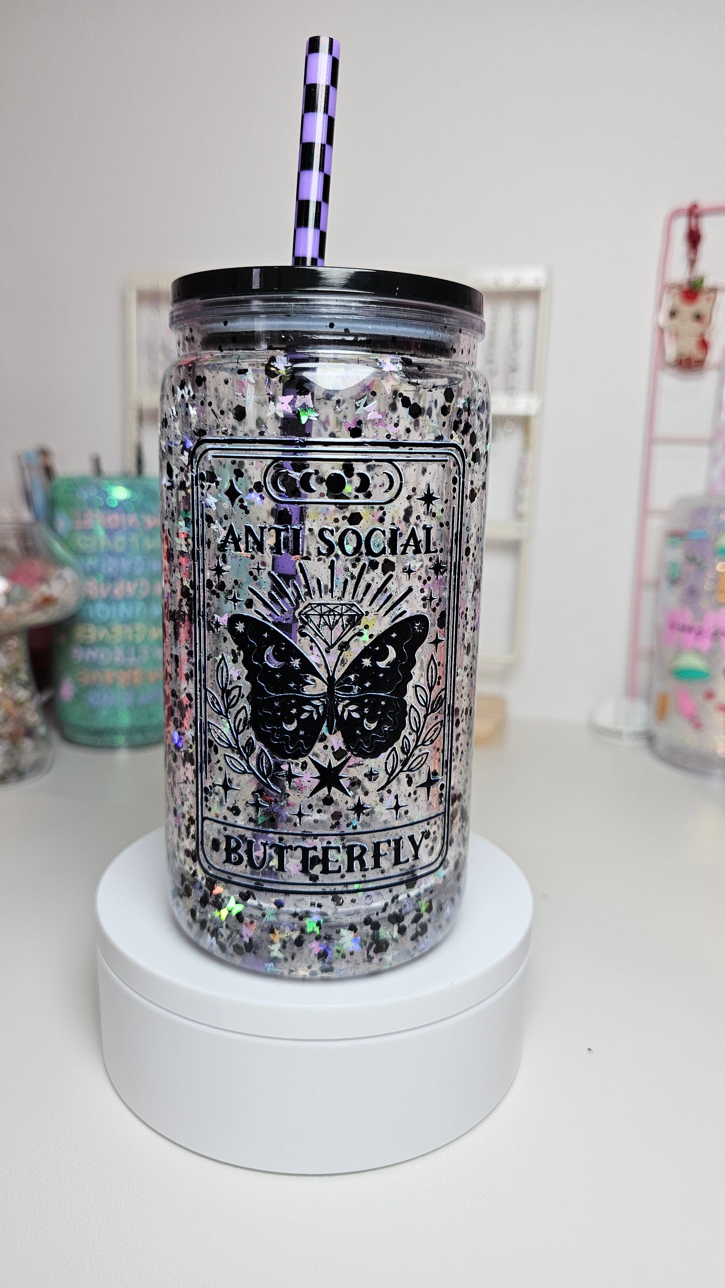 Antisocial Butterfly with Holographic Butterfly Glitter Snow Globe Tumbler Cup 16 oz