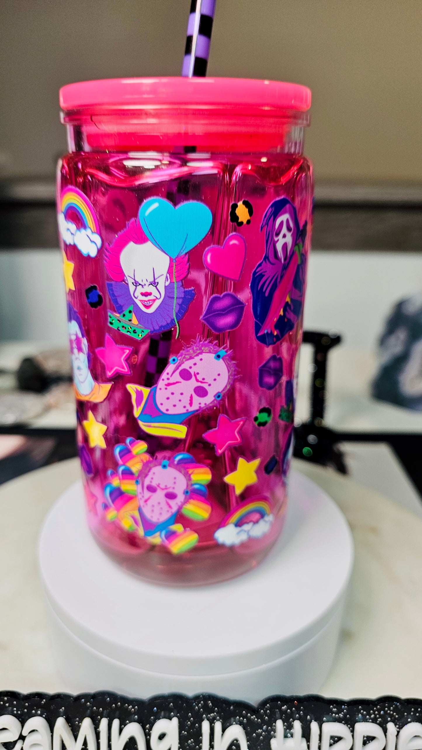 Pink Drip Snow Globe Cup Halloween Horrors Tumbler Cup 16 oz Purple Color Shifting Glitter / Sarcasm