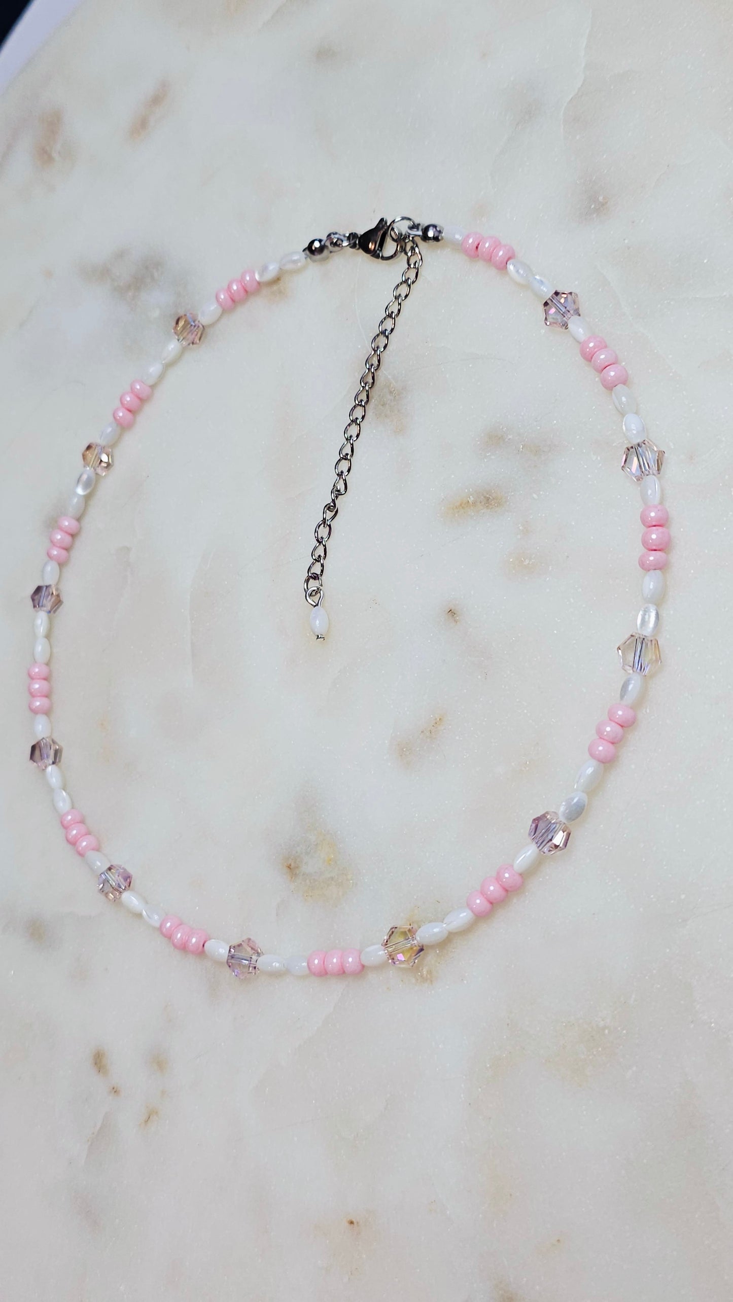 Freshwater Pearls | Pink Crystal Bicones |Czech Glass Seed Beads | Handmade Beaded Choker Necklace | Pastel Pink White | Dainty Necklace