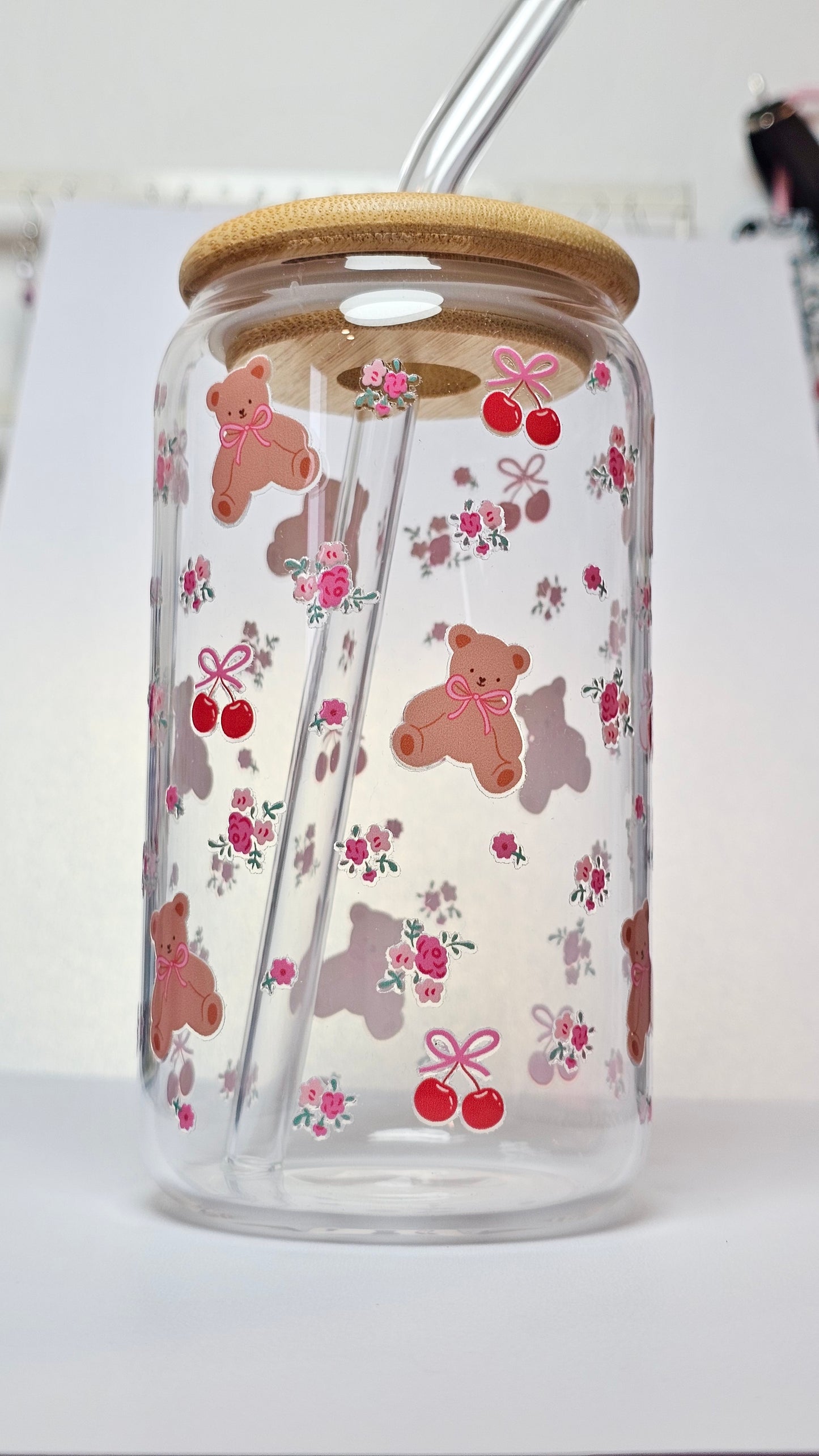 Bears and Flowers Glass 16 ounce Cup with Wood Lid and Glass Straw