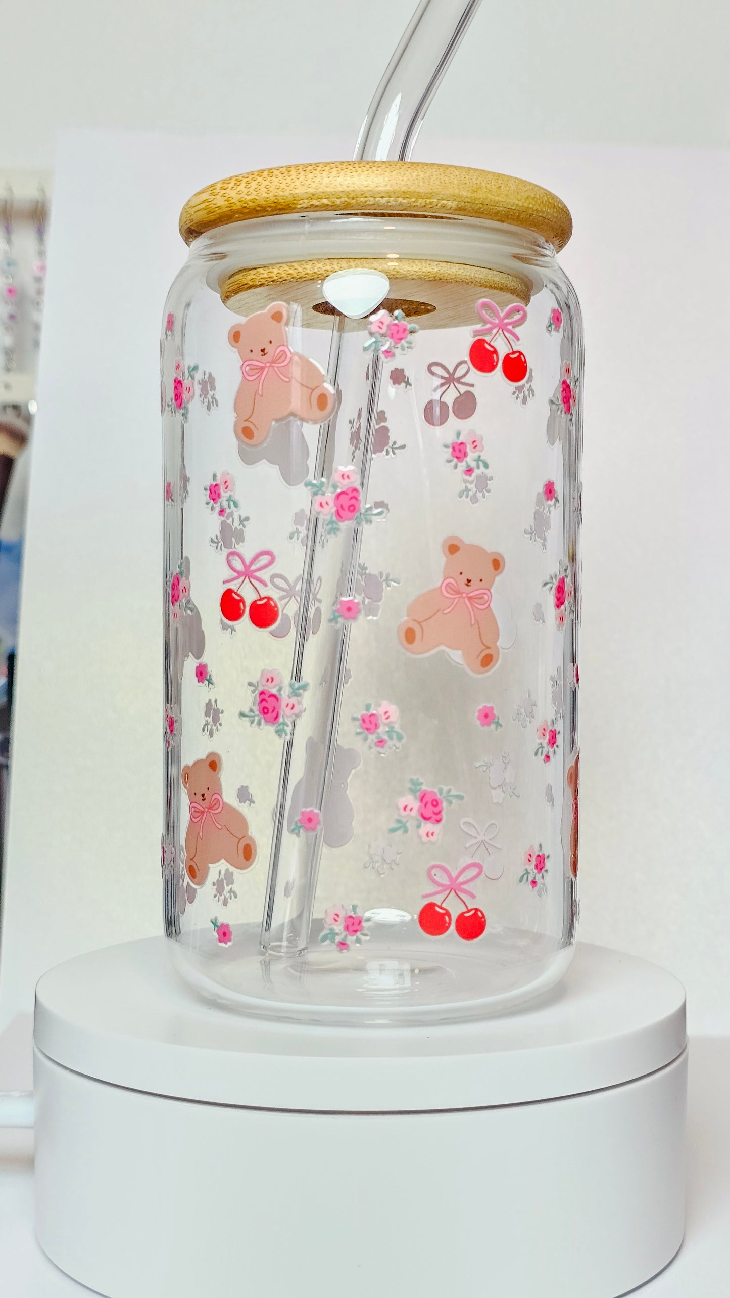 Bears and Flowers Glass 16 ounce Cup with Wood Lid and Glass Straw