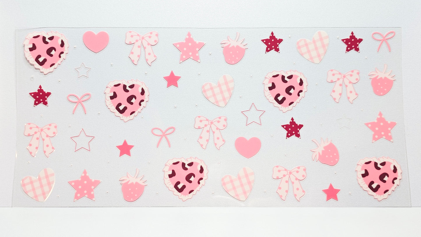 Pink Leopard Print Hearts, Bows, Strawberries UVDTF Wrap 16 oz
