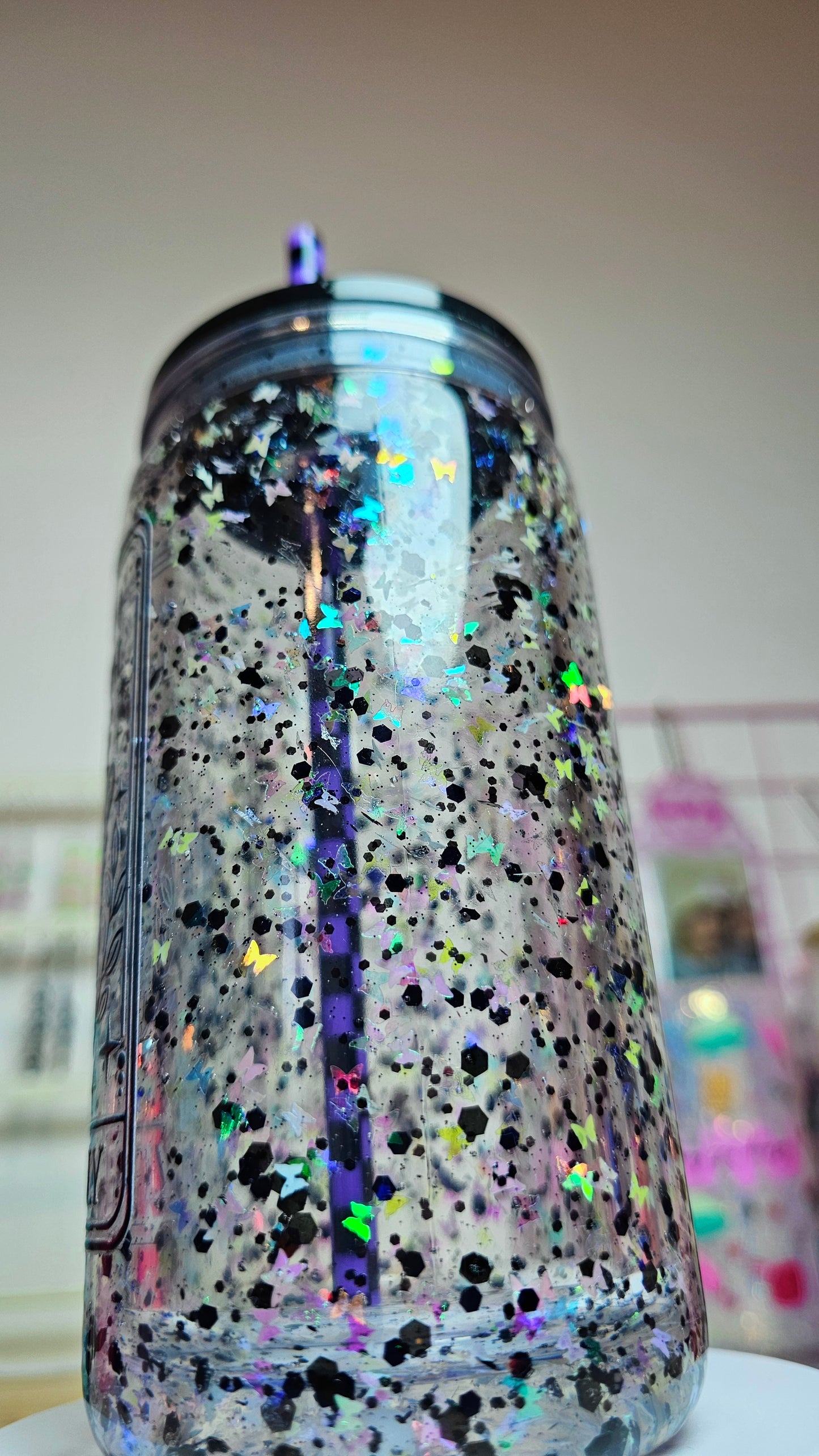 Antisocial Butterfly with Holographic Butterfly Glitter Snow Globe Tumbler Cup 16 oz