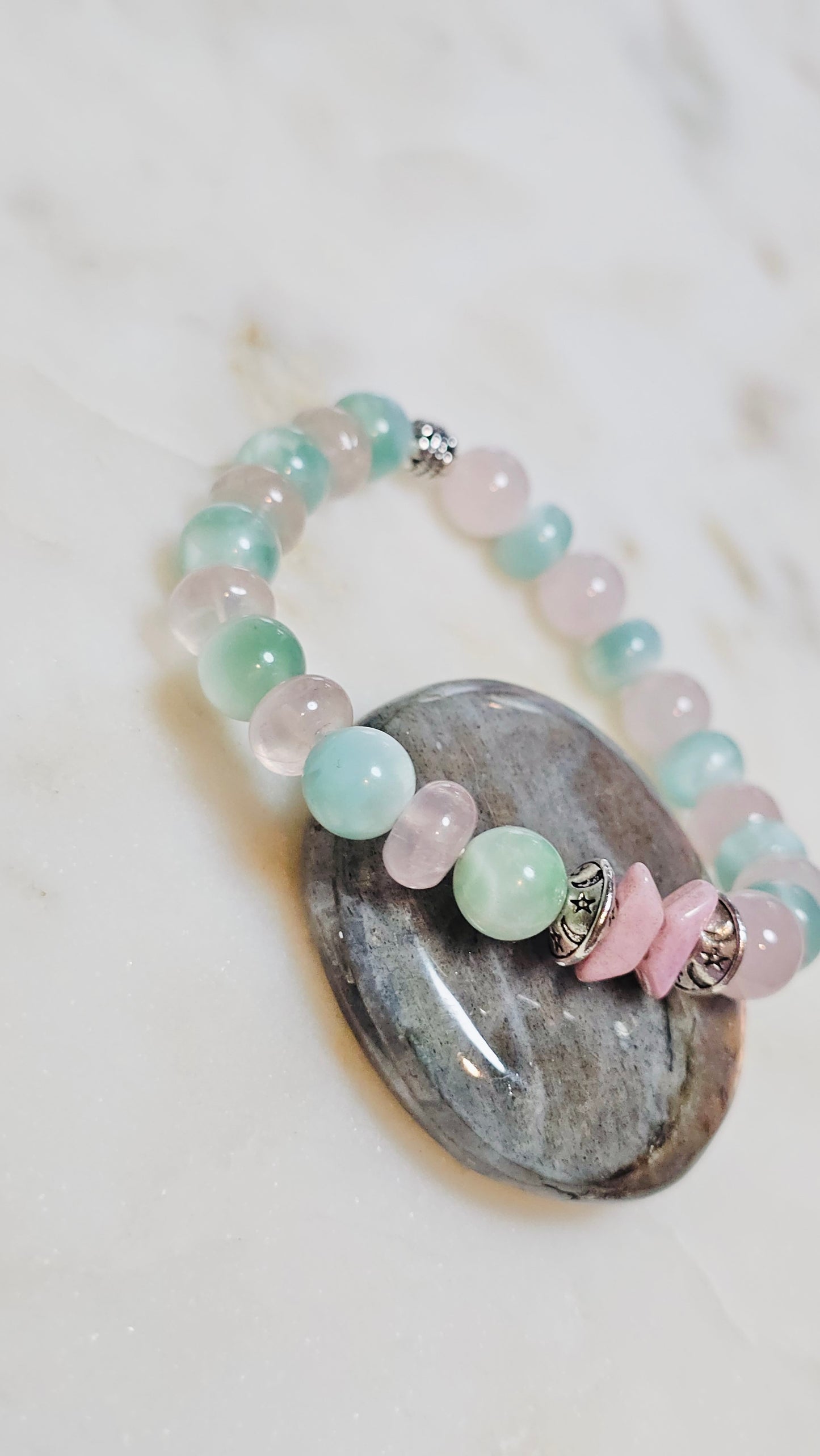 BTS “Spring Day” Healing Crystal Bracelet – Green Moonstone and Rose Quartz Self Love, & Energy Jewelry