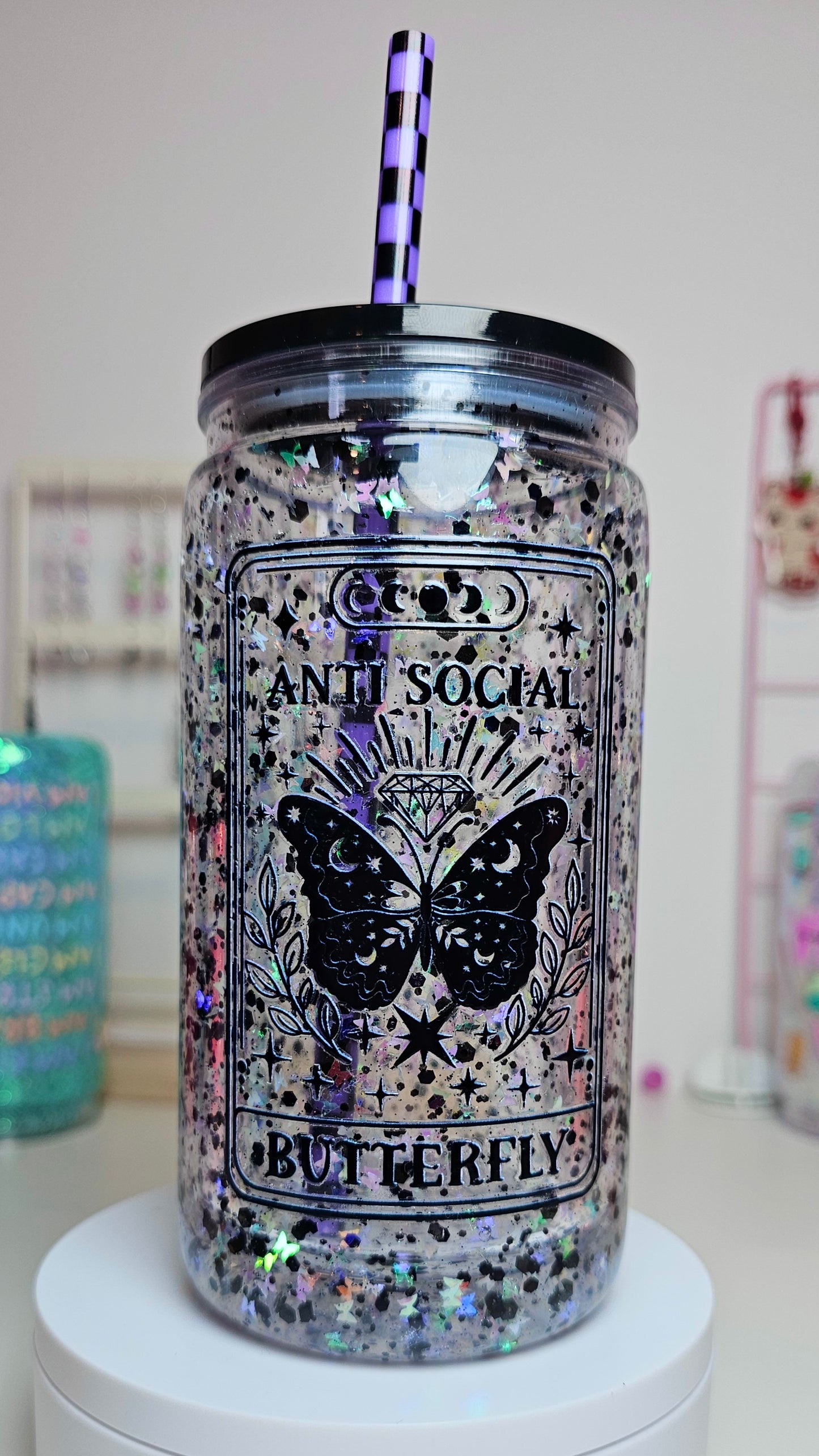 Antisocial Butterfly with Holographic Butterfly Glitter Snow Globe Tumbler Cup 16 oz