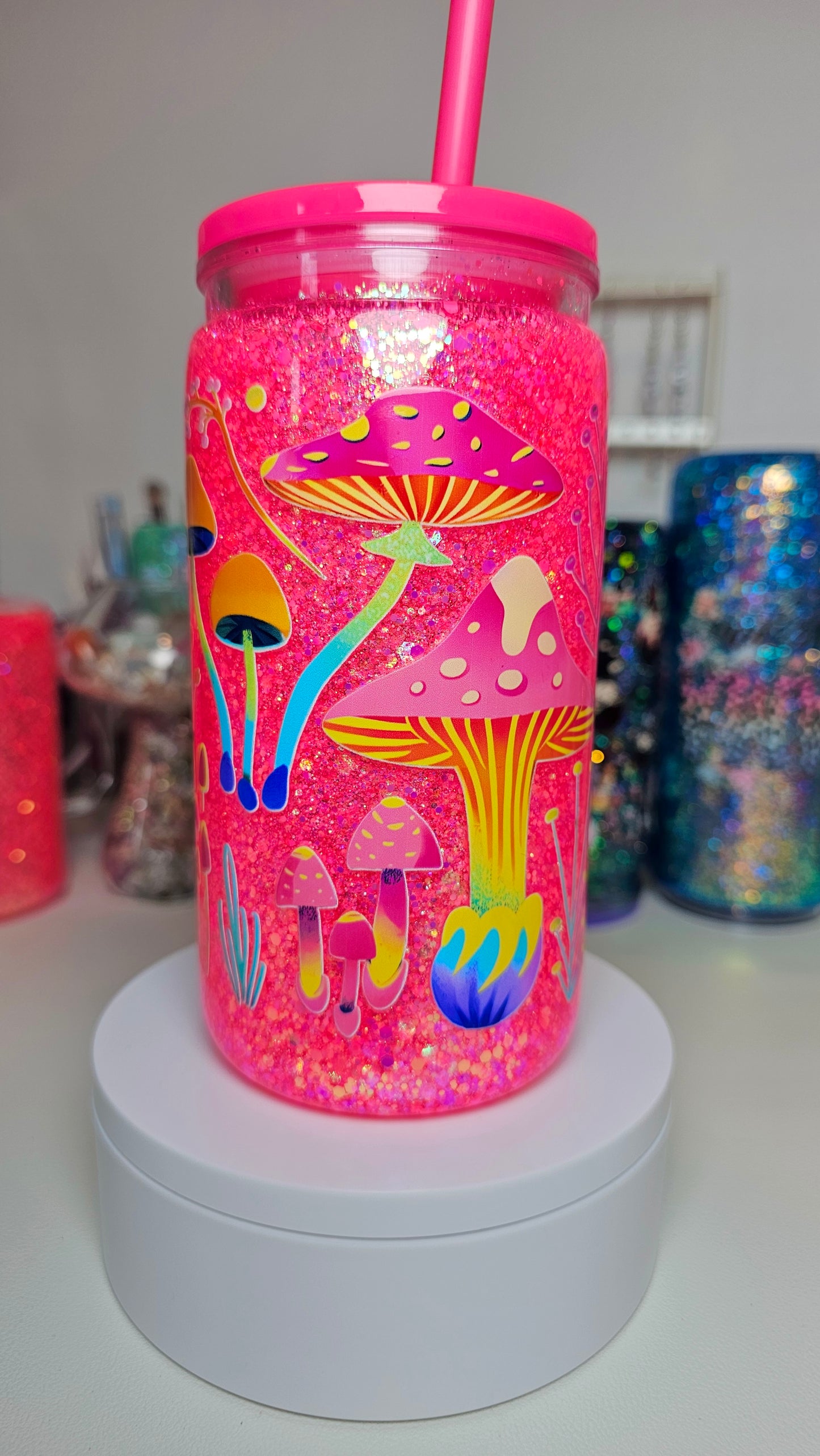 Neon Pink & Orange Trippy Hippie Mushroom Snow Globe Tumbler Cup 16 oz Neon Glitter