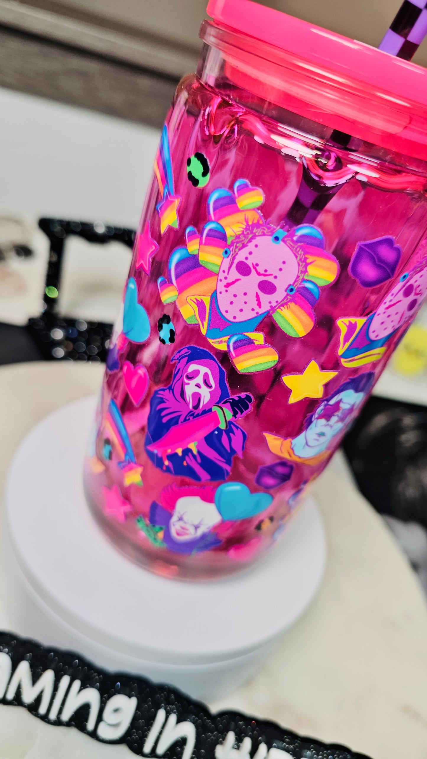 Pink Drip Snow Globe Cup Halloween Horrors Tumbler Cup 16 oz Purple Color Shifting Glitter / Sarcasm