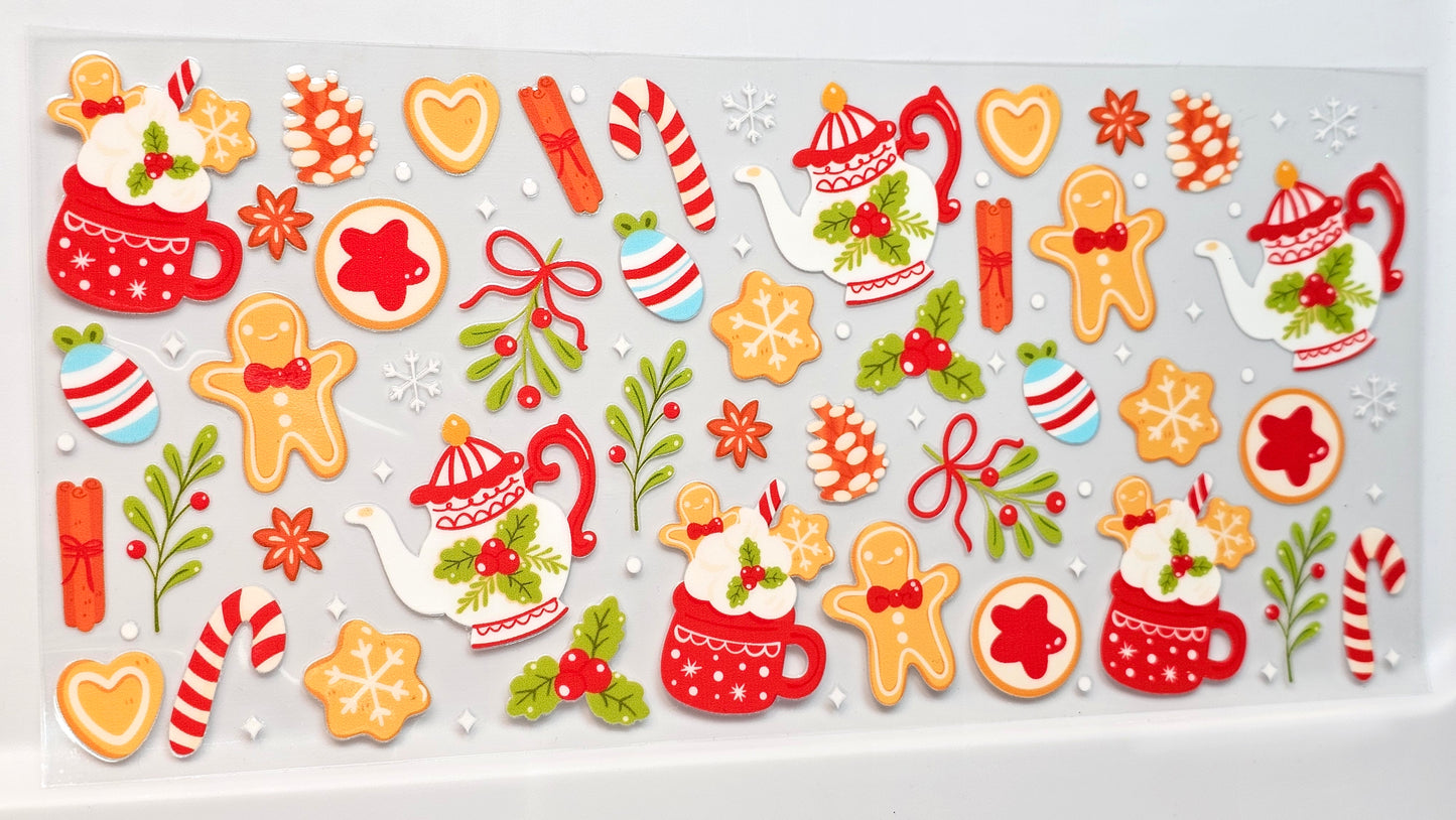 Christmas Gingerbread Snowflakes Mistletoe Teapot UVDTF Wrap 16 oz