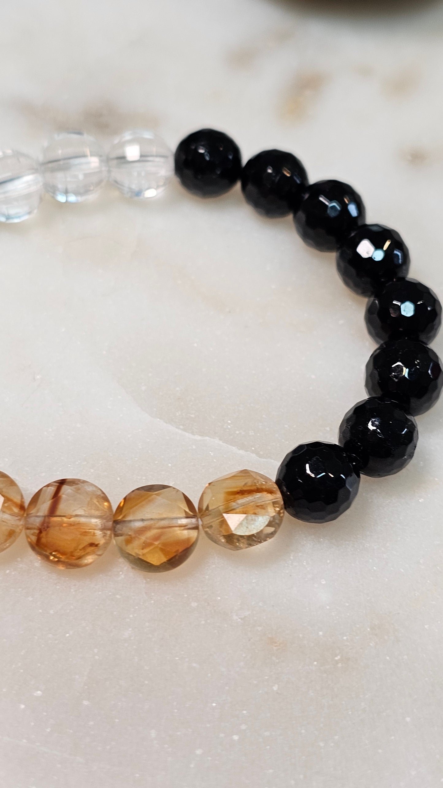 Safe to Receive™ Citrine Coin Bracelet | AAA Black Tourmaline 8mm | AAA Clear Quartz 8mm | Gold Coin Abundance & Protection Energy Bracelet | Stretch Crystal Bracelet