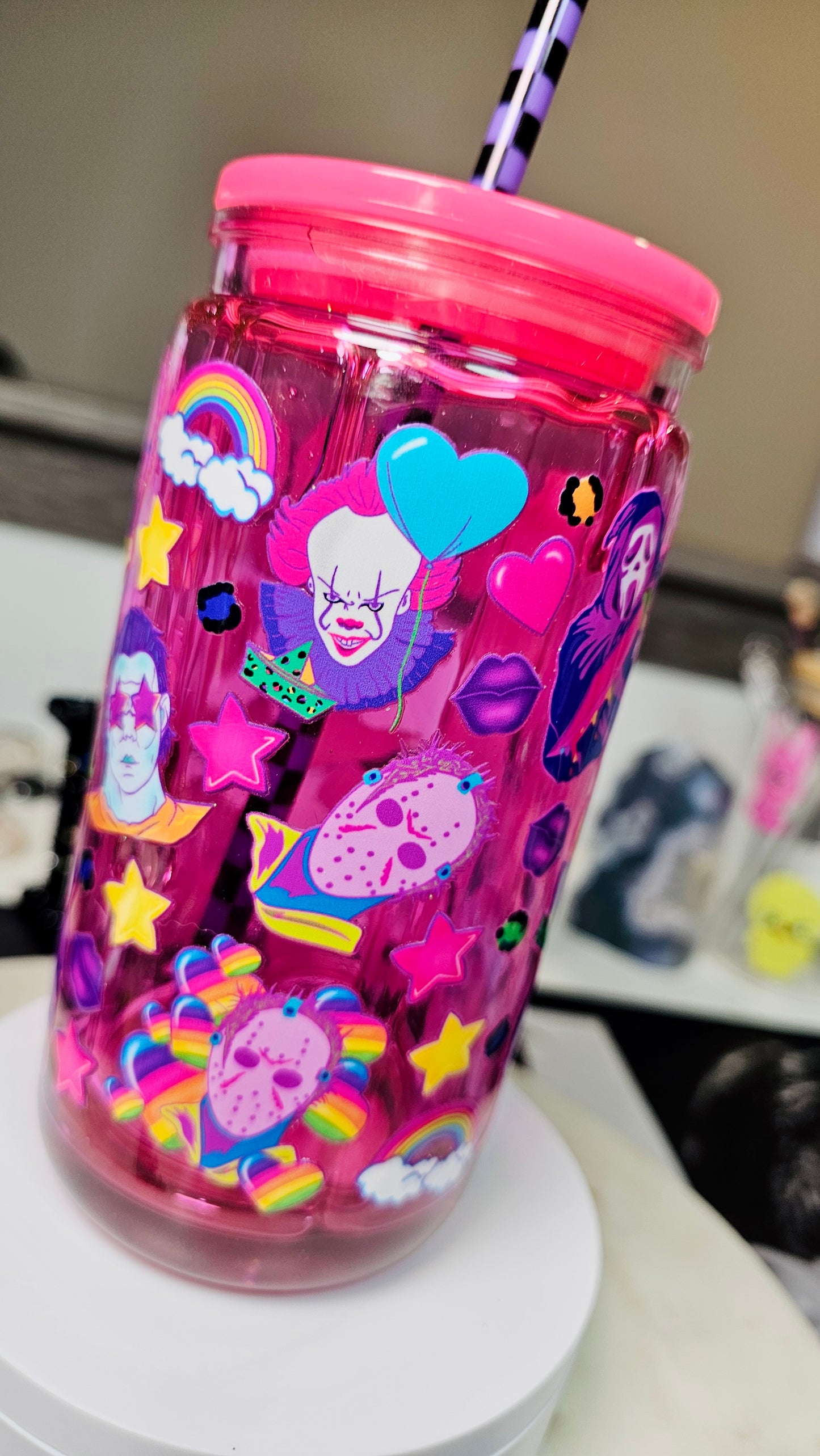 Pink Drip Snow Globe Cup Halloween Horrors Tumbler Cup 16 oz Purple Color Shifting Glitter / Sarcasm