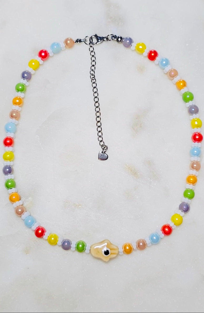 Spiritual Evil Eye Hamsa Rainbow Colorful Protective Necklace | Glass Beaded Choker | Evil Eye Bead | Czech Flower Spacers | Spiritual