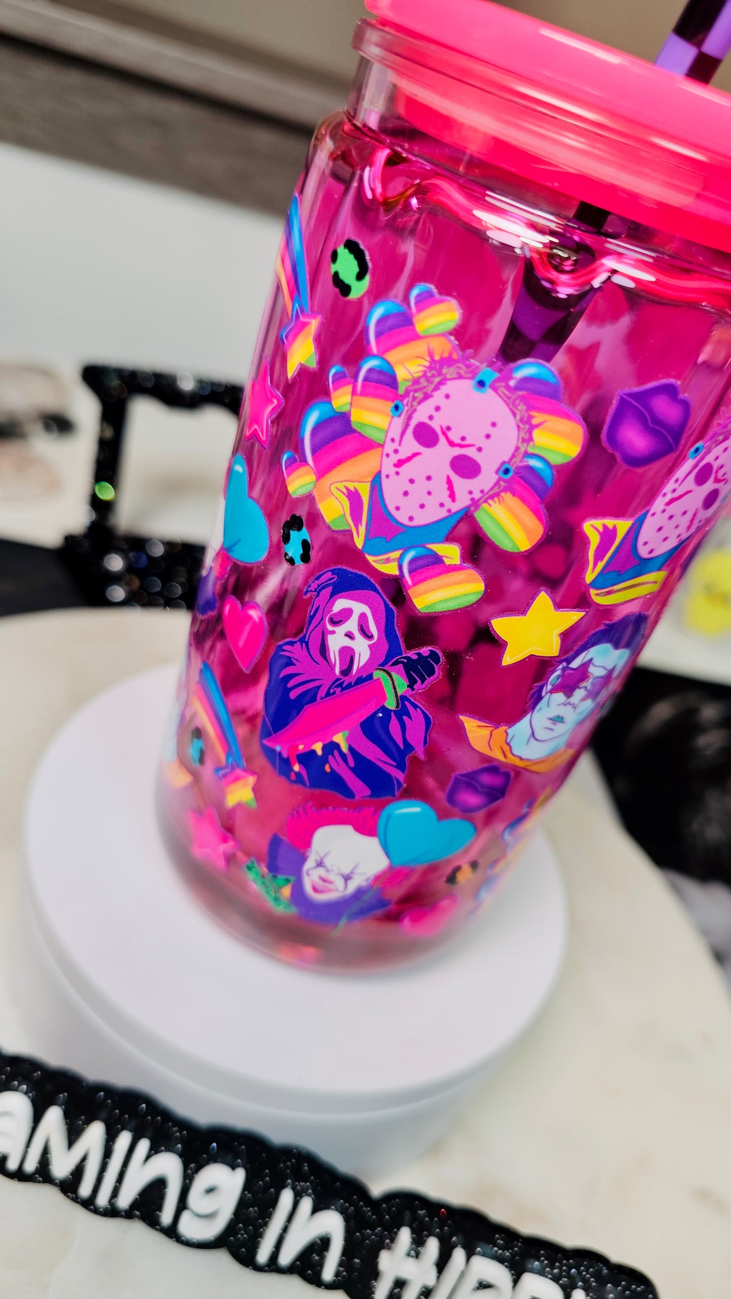 Pink Drip Snow Globe Cup Halloween Horrors Tumbler Cup 16 oz Purple Color Shifting Glitter / Sarcasm