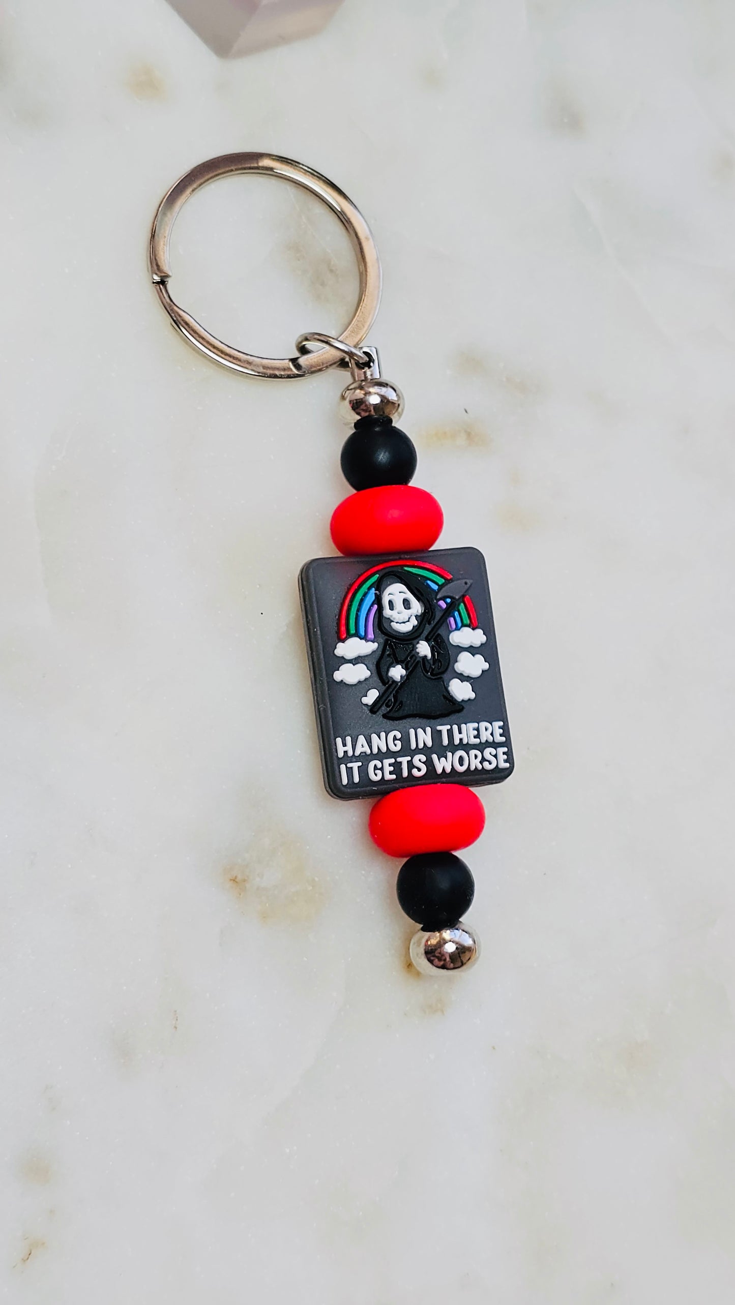 Hang in There it Gets Worse Funny Keychain | Beaded Keychain | Sarcastic Gift | Bag Charm | Purse Accessory | Gag Gift for Her