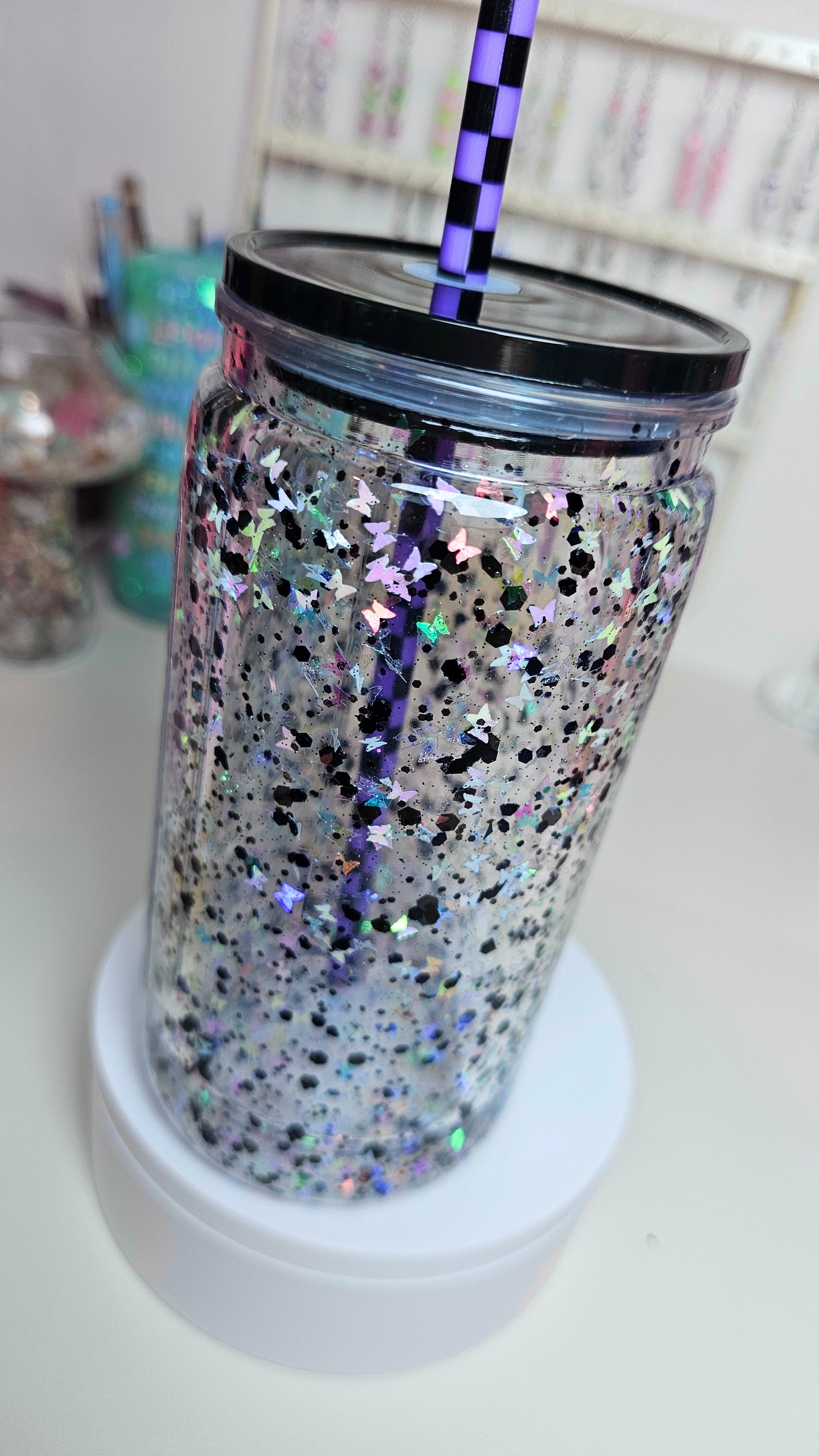 Antisocial Butterfly with Holographic Butterfly Glitter Snow Globe Tumbler Cup 16 oz