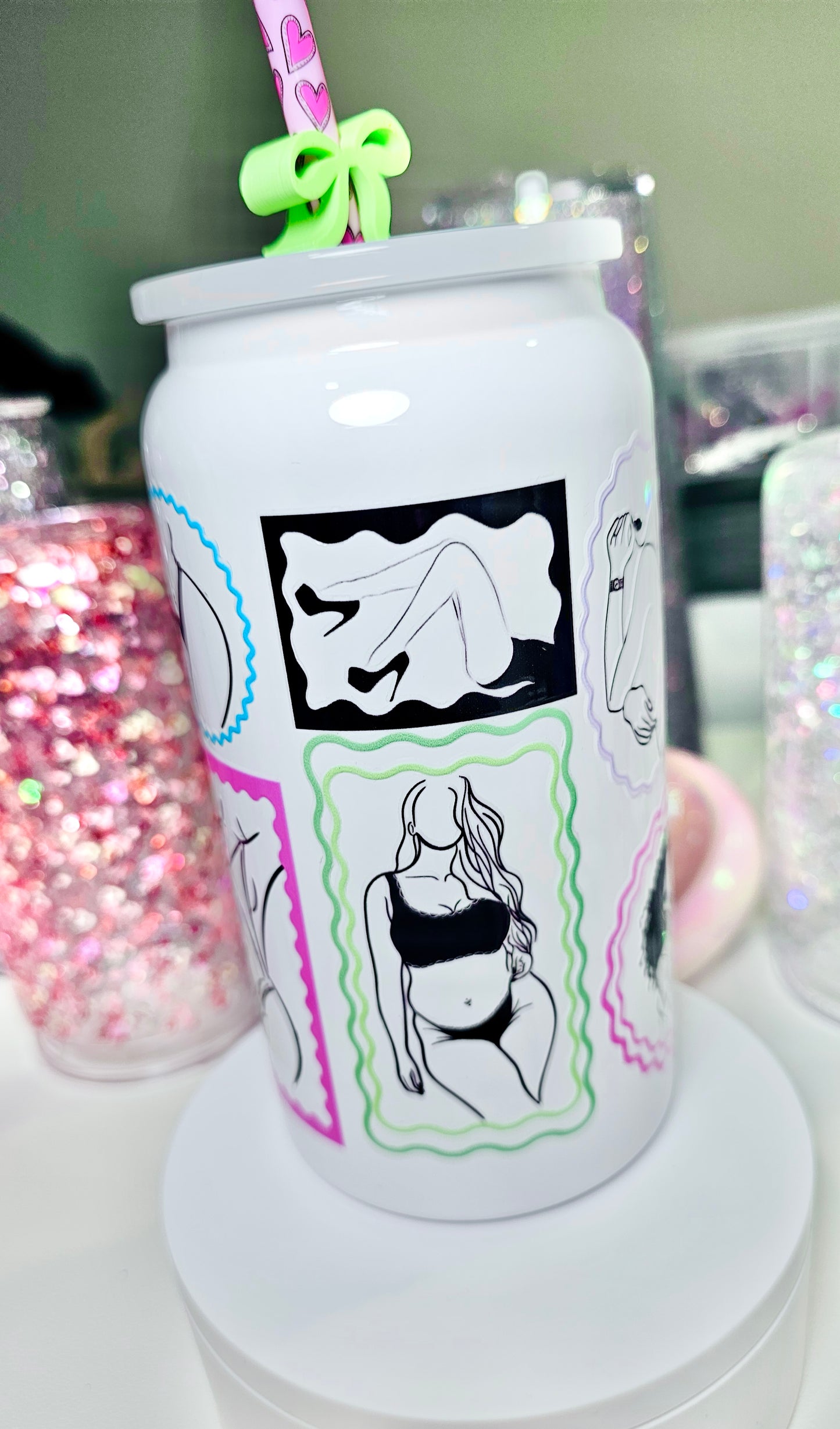 Women’s Body Positivity Custom DreaminginHippie Design White Glossy Stainless Steel Tumbler Cup 16 oz