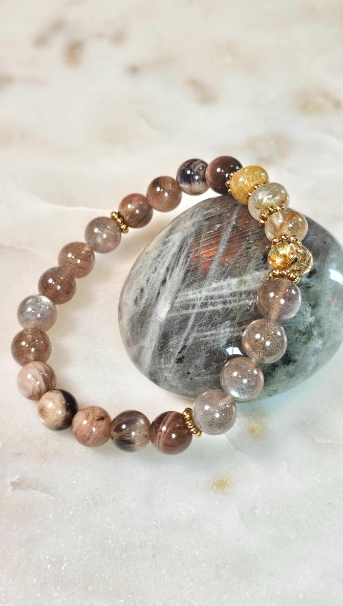 Inner Fire™ | AAA Red Labradorite, Golden Rutile Quartz, Black Moonstone Bracelet | Crystal Jewelry for Confidence, Truth & Personal Power