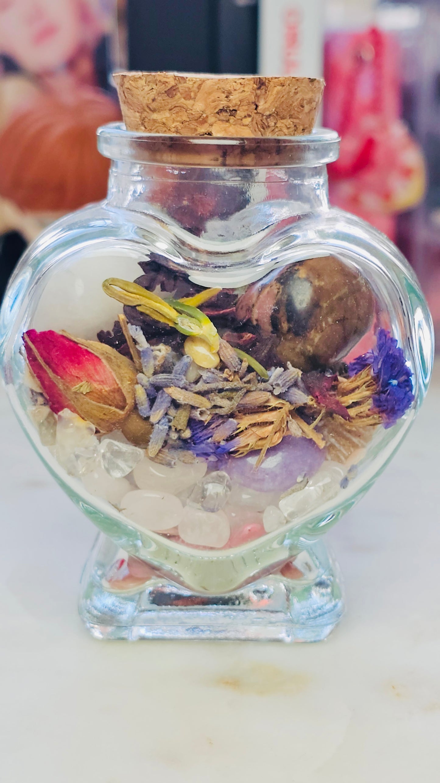 Petals of Healing™ Heart Glass Jar | Premade Self love and Rebirth Healing Jar | Crystal and Herb Healing | Intentional Healing