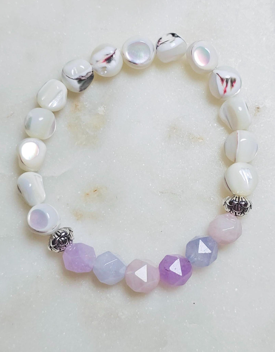 She Is Adored™ Aquamarine Amethyst Rose Quartz Mother of Pearl Bracelet | Divine Feminine Crystal Jewelry | Self Love Gift For Her