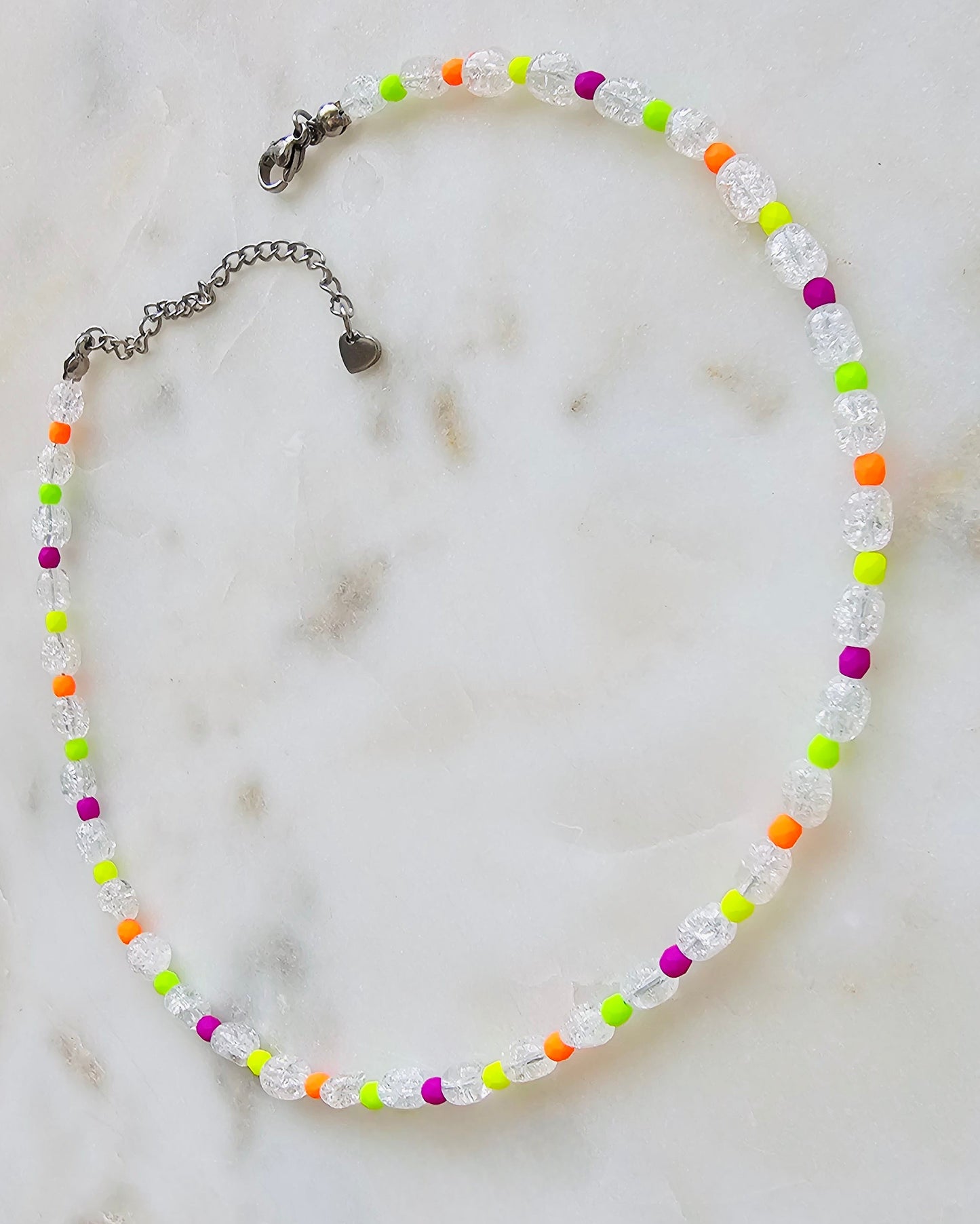 Frequency™ | Handmade Beaded Choker Necklace | Crackle Quartz | Neon Czech Seed Beads | Crystal Jewelry | Summer Necklace | Rave Jewelry