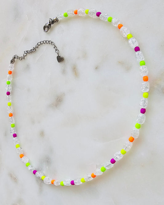 Frequency™ | Handmade Beaded Choker Necklace | Crackle Quartz | Neon Czech Seed Beads | Crystal Jewelry | Summer Necklace | Rave Jewelry
