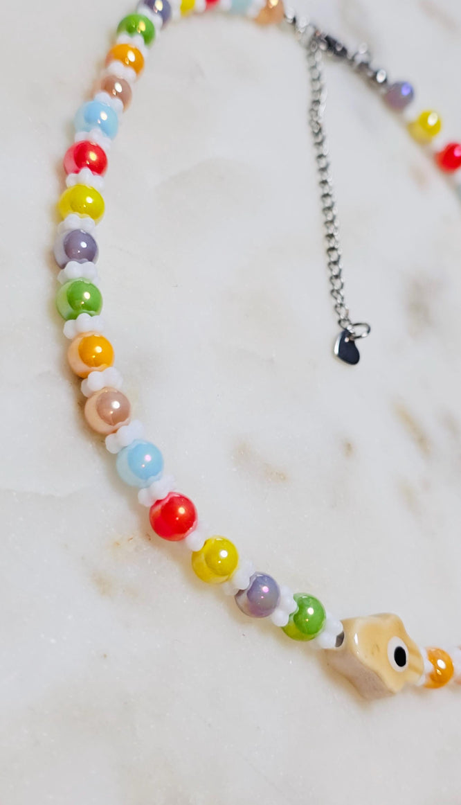 Spiritual Evil Eye Hamsa Rainbow Colorful Protective Necklace | Glass Beaded Choker | Evil Eye Bead | Czech Flower Spacers | Spiritual