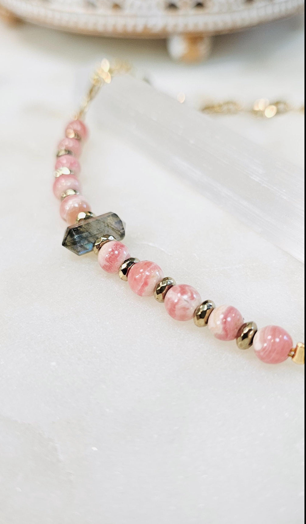 Rose Eclipse™ Necklace | Rhodochrosite Labradorite Gold Hematite Crystal Necklace | Heart Healing Intuition Protection Jewelry | Self Love