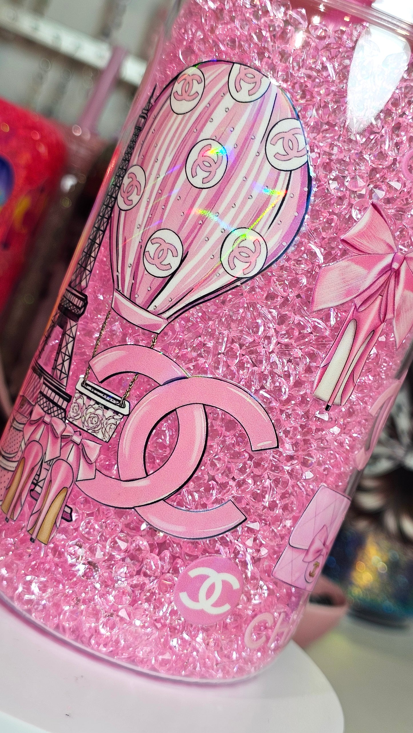 Chanel Holographic Snow Globe Tumbler Cup with Plastic gems 16 oz