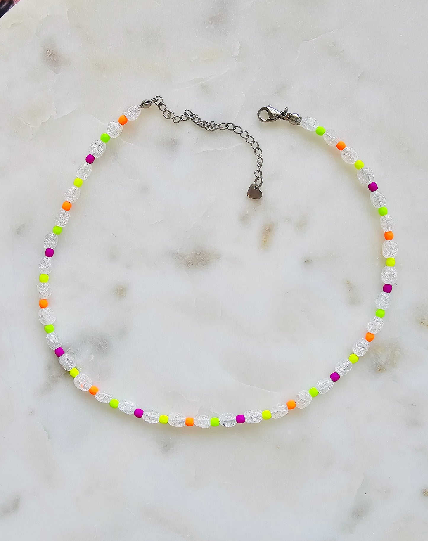 Frequency™ | Handmade Beaded Choker Necklace | Crackle Quartz | Neon Czech Seed Beads | Crystal Jewelry | Summer Necklace | Rave Jewelry