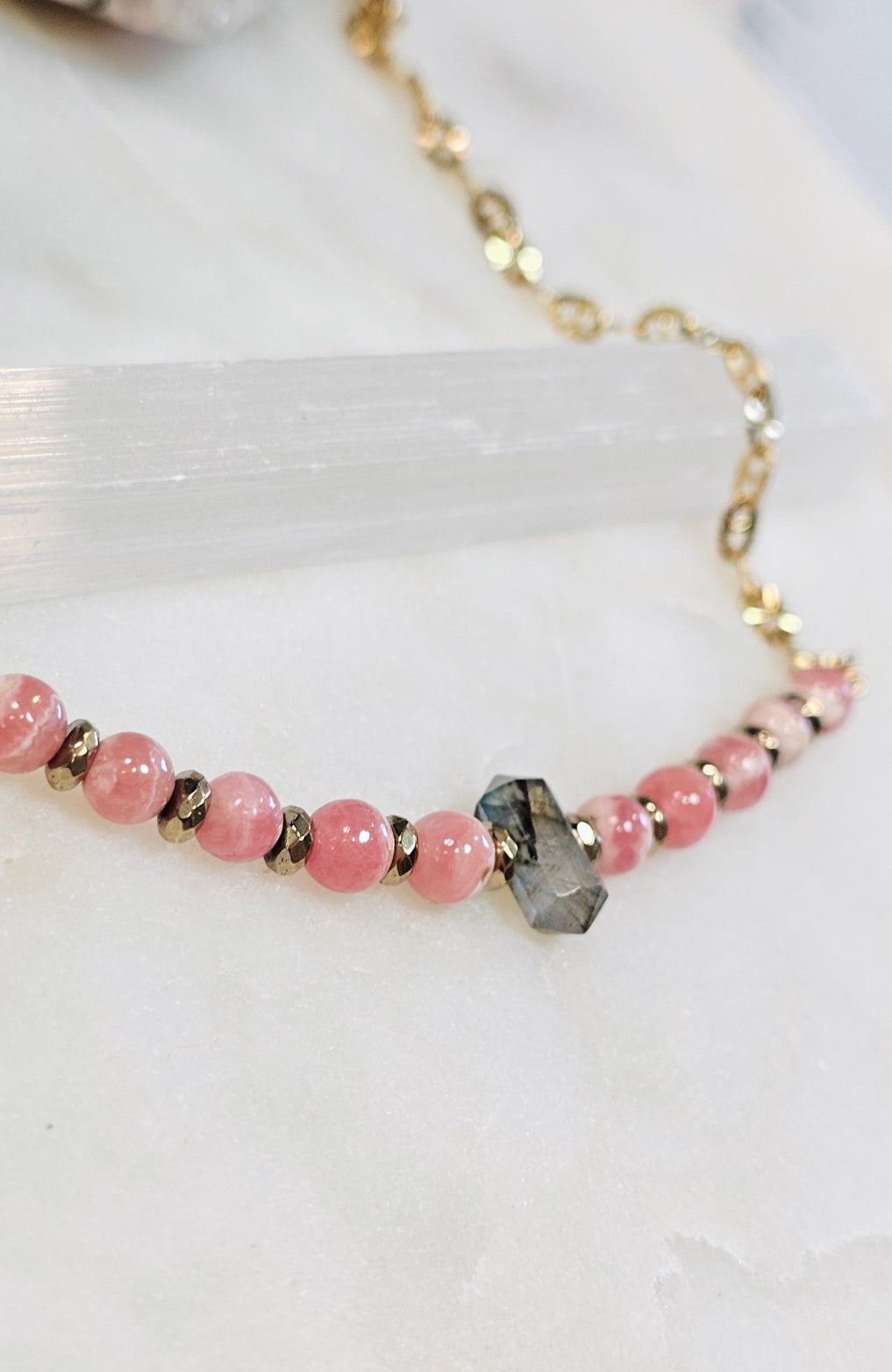 Rose Eclipse™ Necklace | Rhodochrosite Labradorite Gold Hematite Crystal Necklace | Heart Healing Intuition Protection Jewelry | Self Love