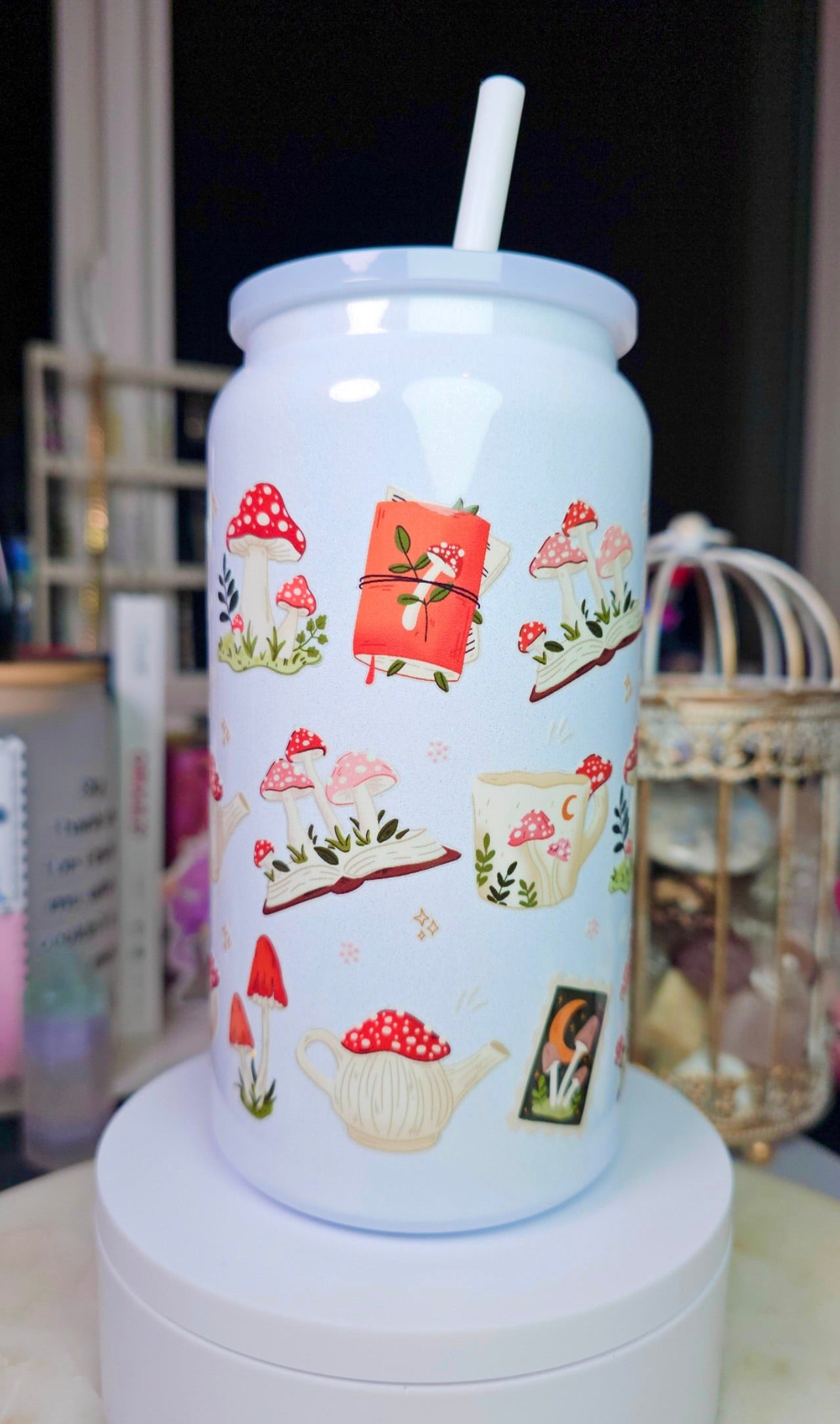 Cottagecore Mushroom Sparkly Stainless Steel Cup | Fairycore Tumbler with Straw | Whimsical Forest Aesthetic Gift