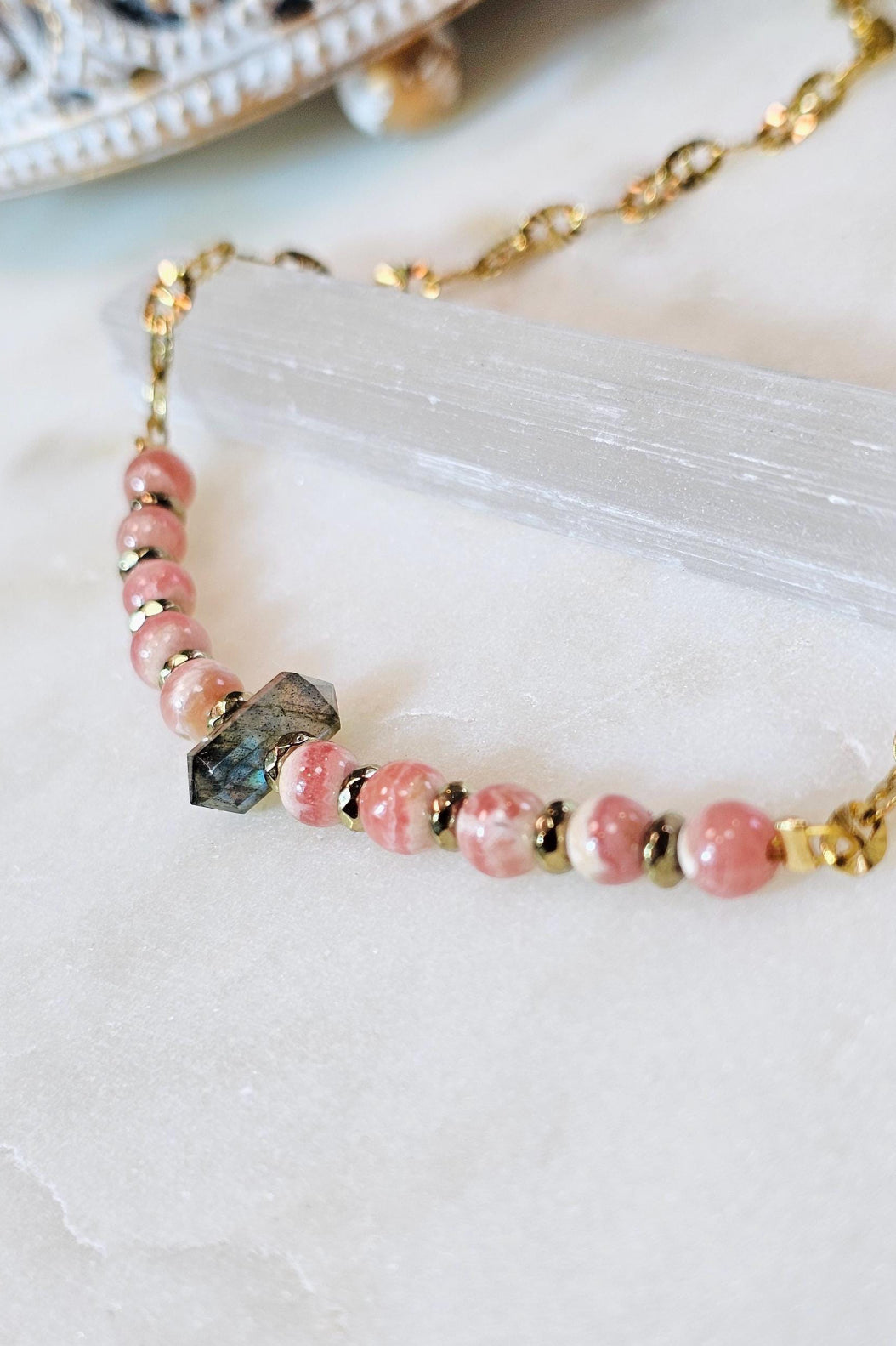 Rose Eclipse™ Necklace | Rhodochrosite Labradorite Gold Hematite Crystal Necklace | Heart Healing Intuition Protection Jewelry | Self Love