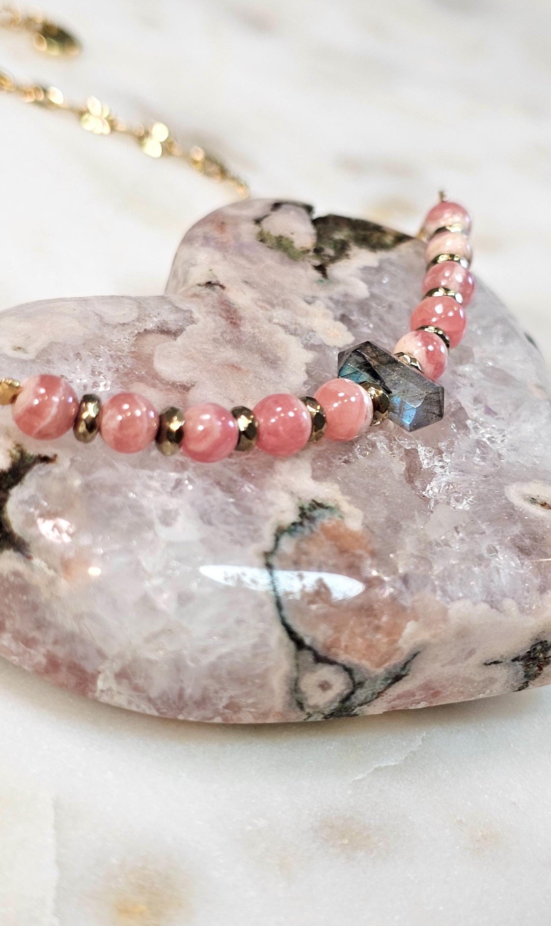 Rose Eclipse™ Necklace | Rhodochrosite Labradorite Gold Hematite Crystal Necklace | Heart Healing Intuition Protection Jewelry | Self Love