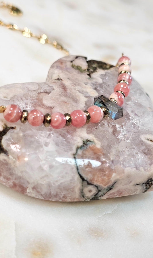 Rose Eclipse™ Necklace | Rhodochrosite Labradorite Gold Hematite Crystal Necklace | Heart Healing Intuition Protection Jewelry | Self Love