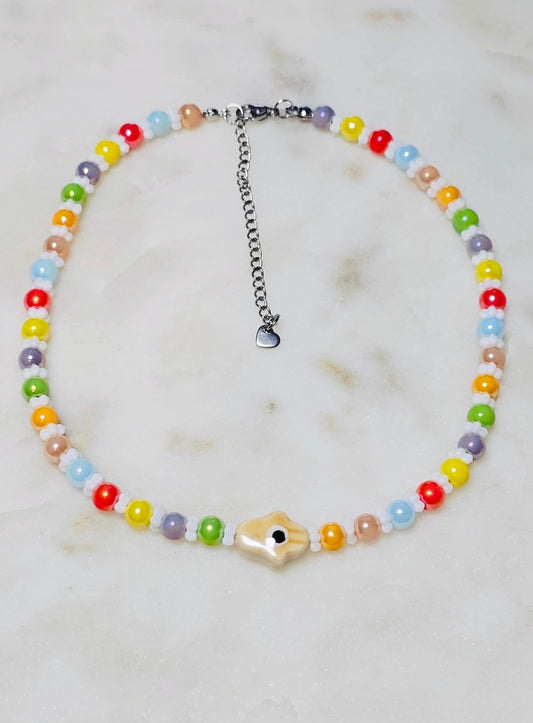 Spiritual Evil Eye Hamsa Rainbow Colorful Protective Necklace | Glass Beaded Choker | Evil Eye Bead | Czech Flower Spacers | Spiritual