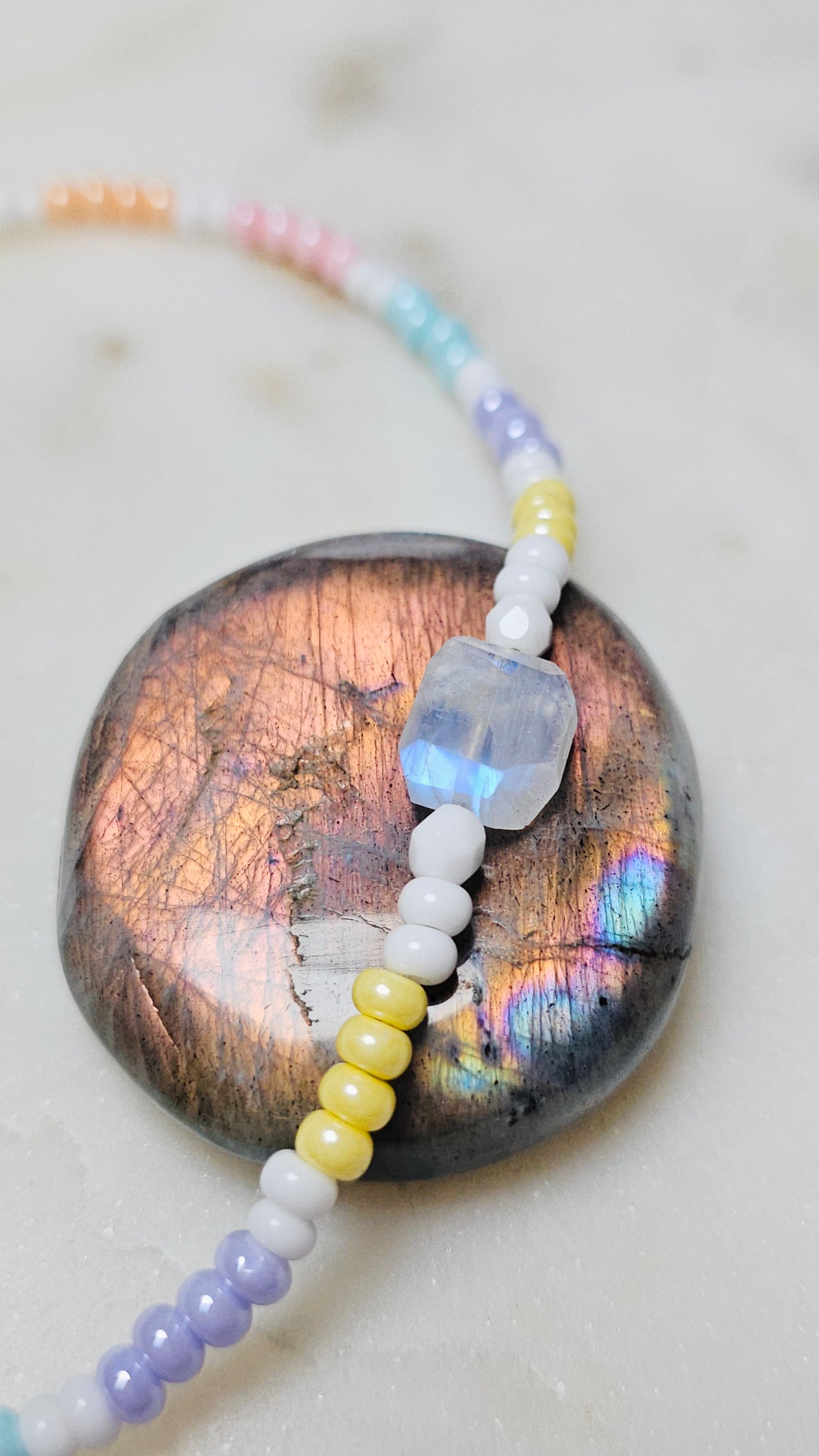 Dainty Moonstone Necklace | Czech Pastel Seed Beads Moonstone | Sacred Feminine | Handmade Gemstone Jewelry | Spiritual Gift for Women
