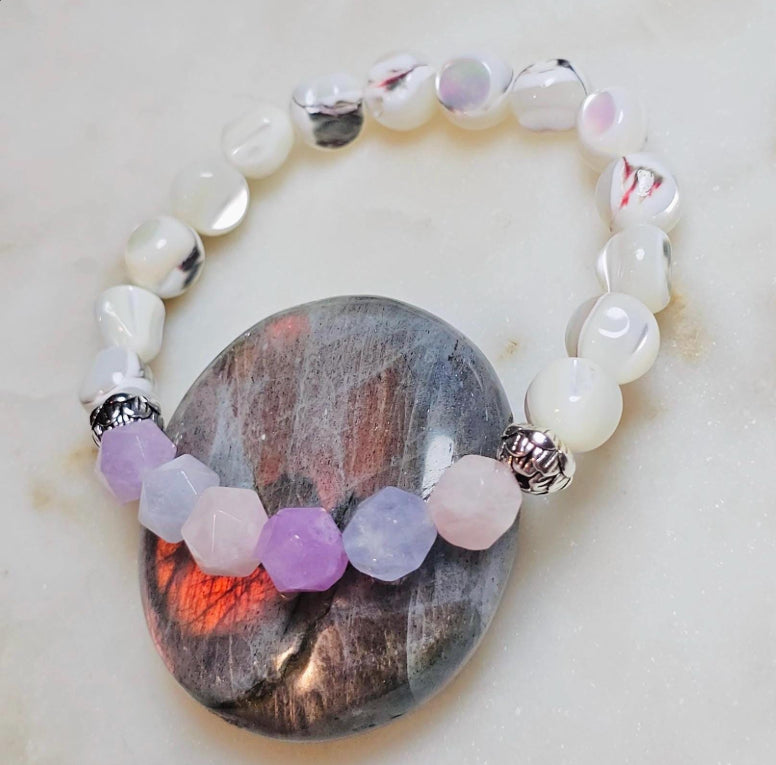 She Is Adored™ Aquamarine Amethyst Rose Quartz Mother of Pearl Bracelet | Divine Feminine Crystal Jewelry | Self Love Gift For Her
