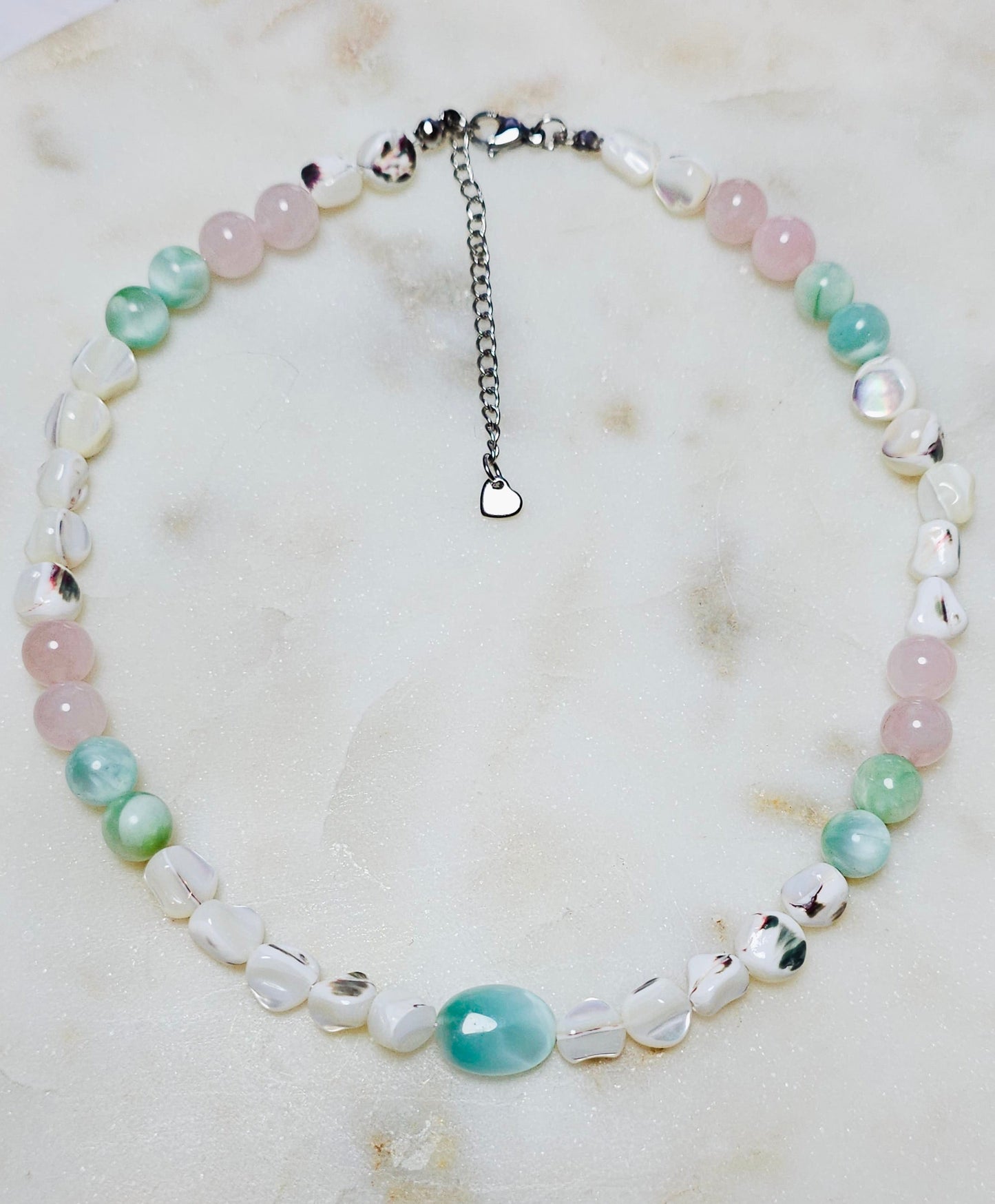 Soft As She Goes™ Heart Healing Beachy Pearl Crystal Necklace | June Birthstone | Rose Quartz Green Moonstone Pearl | Handmade | Feminine