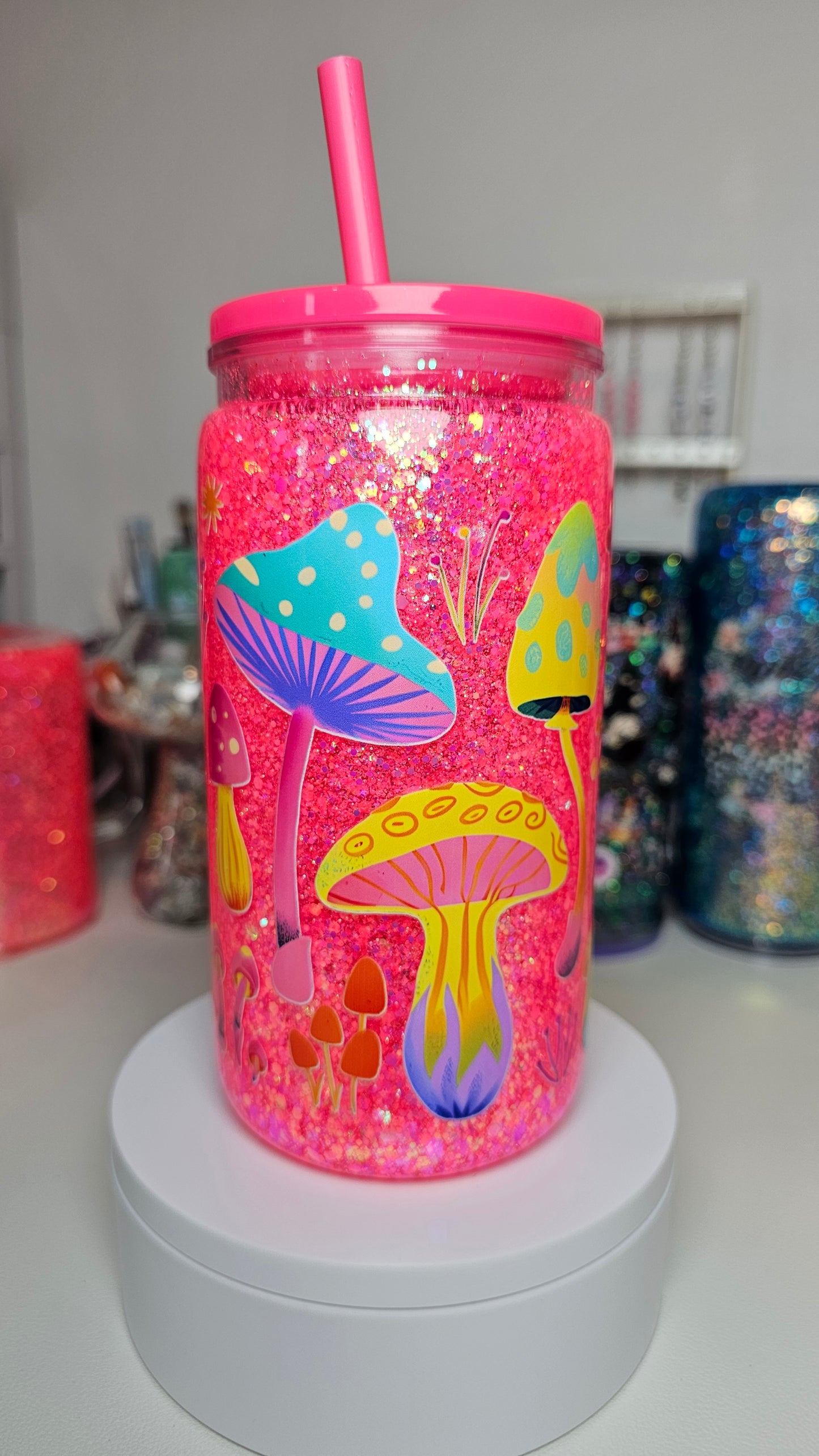Neon Pink & Orange Trippy Hippie Mushroom Snow Globe Tumbler Cup 16 oz Neon Glitter