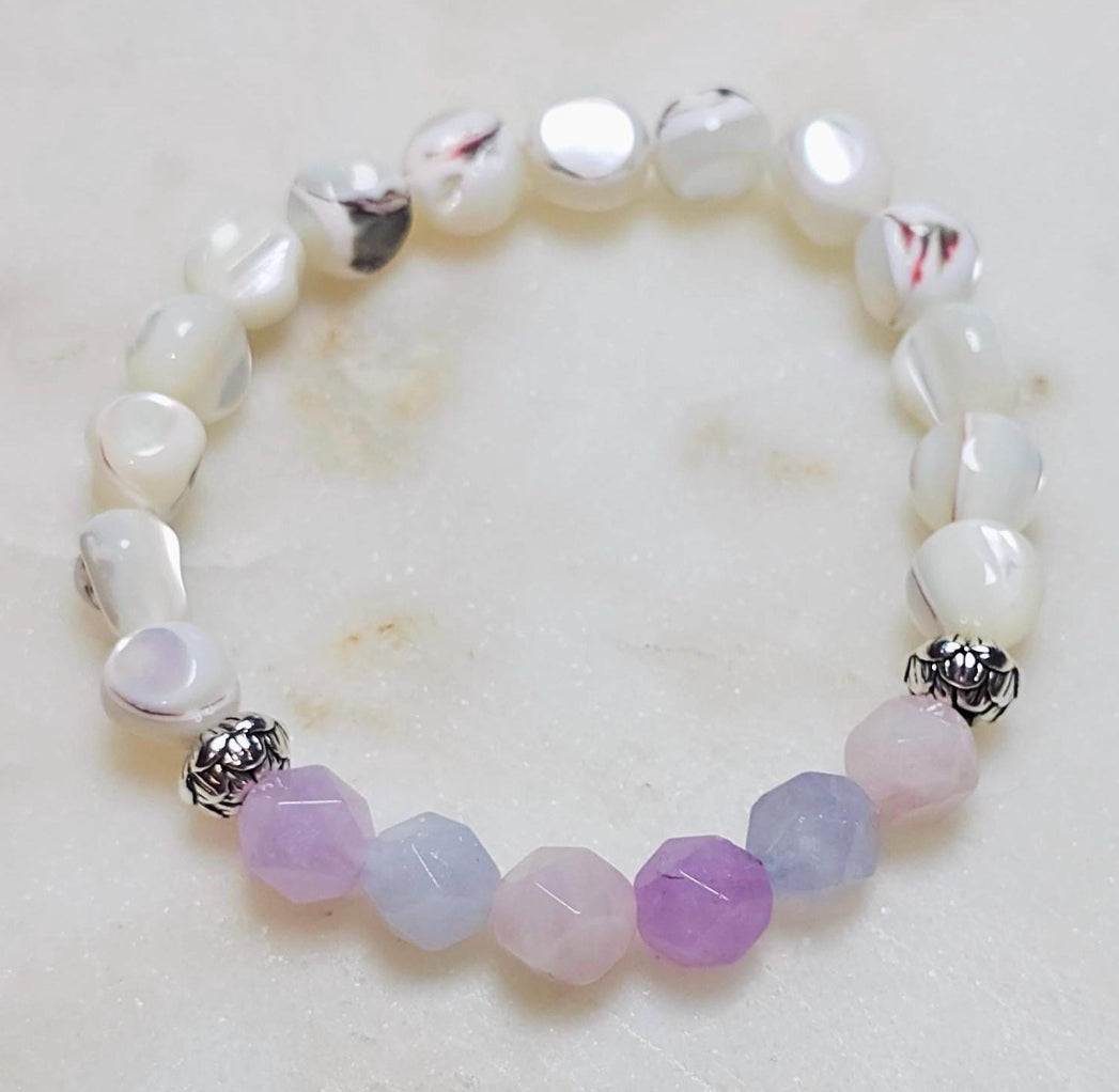 She Is Adored™ Aquamarine Amethyst Rose Quartz Mother of Pearl Bracelet | Divine Feminine Crystal Jewelry | Self Love Gift For Her