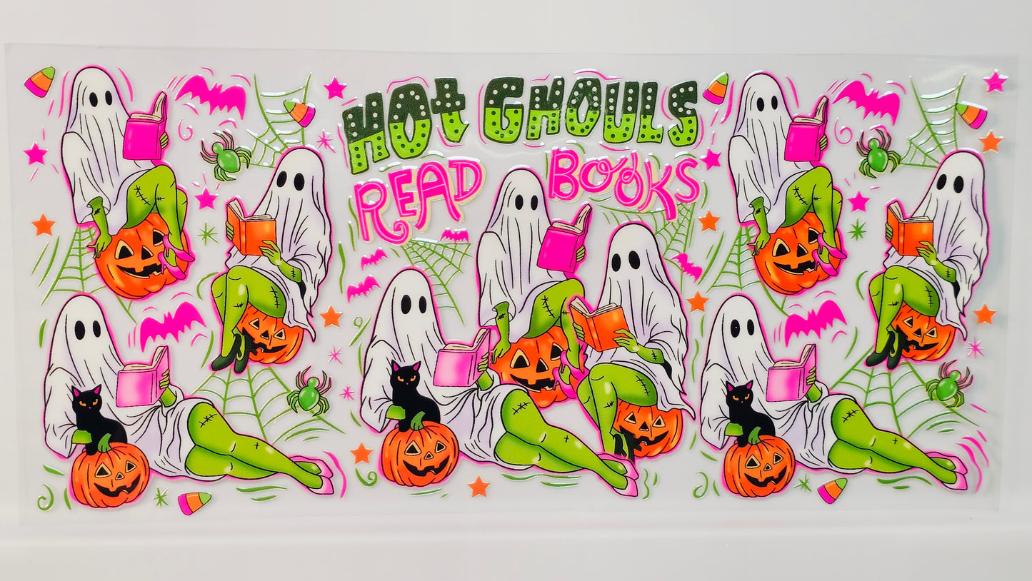 Hot Ghouls Read Books Neon Halloween Ghosties Reading Iced Coffee UVDTF Wrap 16 oz