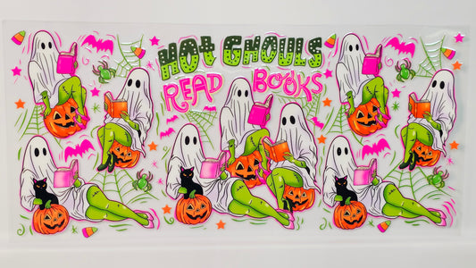 Hot Ghouls Read Books Neon Halloween Ghosties Reading Iced Coffee UVDTF Wrap 16 oz
