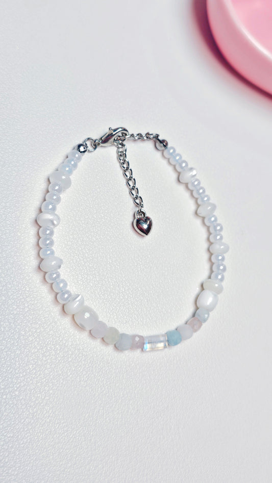 Calming, Self Love, Moonstone, Morganite, Mother of Pearl, Czech Seed Beads with Stainless steel hardware