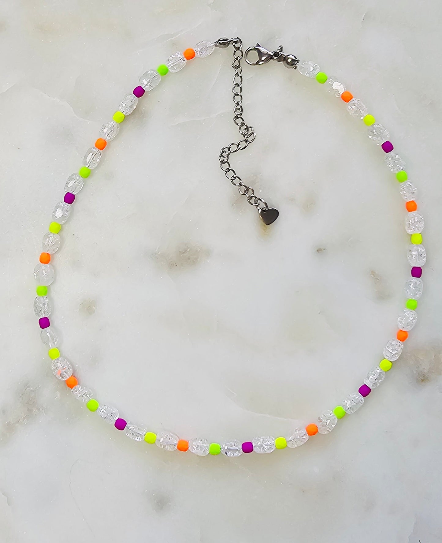 Frequency™ | Handmade Beaded Choker Necklace | Crackle Quartz | Neon Czech Seed Beads | Crystal Jewelry | Summer Necklace | Rave Jewelry
