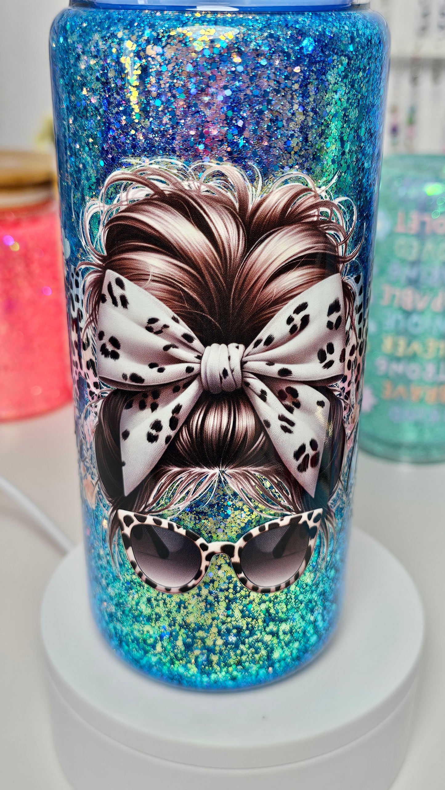Mama Holographic Color Shifting Glitter Snow Globe Glass Tumbler 20 oz