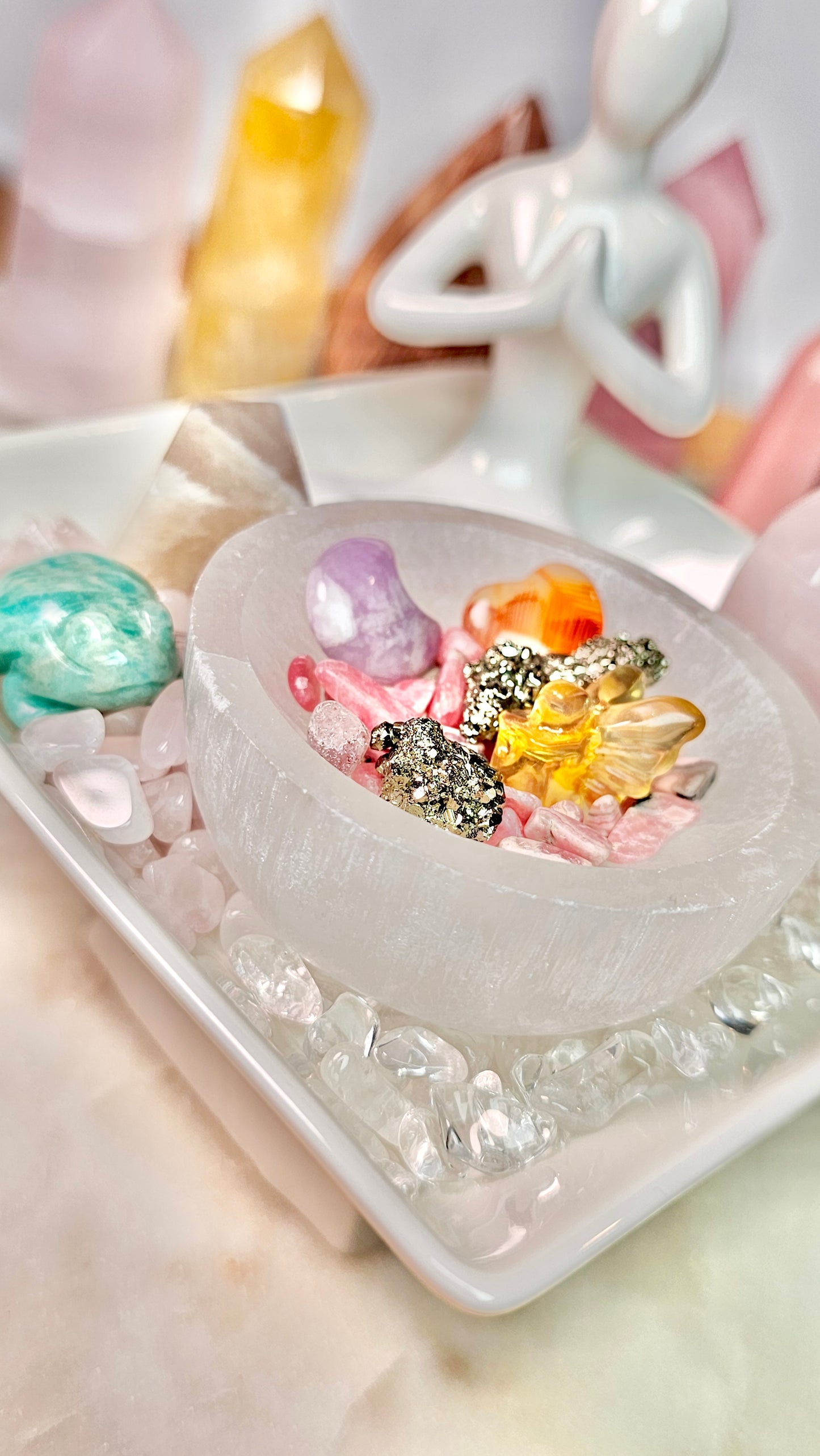 Sitting With Safe Love™ Healing Crystal Altar Set | Selenite Meditation Altar Dish, Rose Quartz, Pyrite, Lepidolite, Moonstone | Spiritual Gift | Crystals