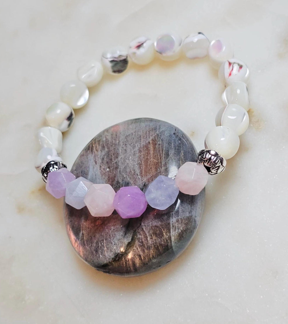 She Is Adored™ Aquamarine Amethyst Rose Quartz Mother of Pearl Bracelet | Divine Feminine Crystal Jewelry | Self Love Gift For Her