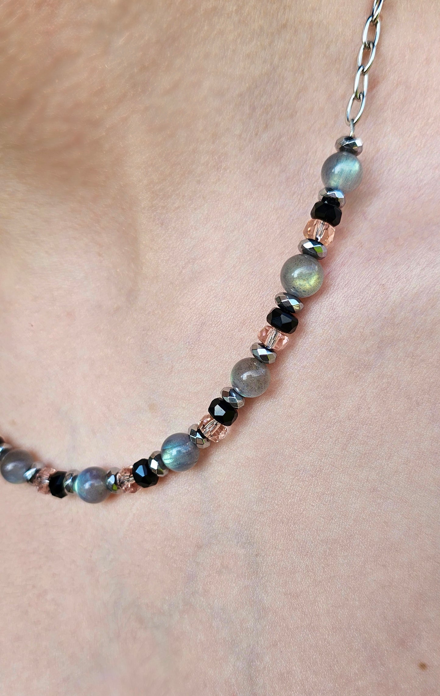 GROUNDING & PROTECTION Necklace Flashy Labradorite, Hematite, Beautiful Glass Beads with Stainless steel hardware
