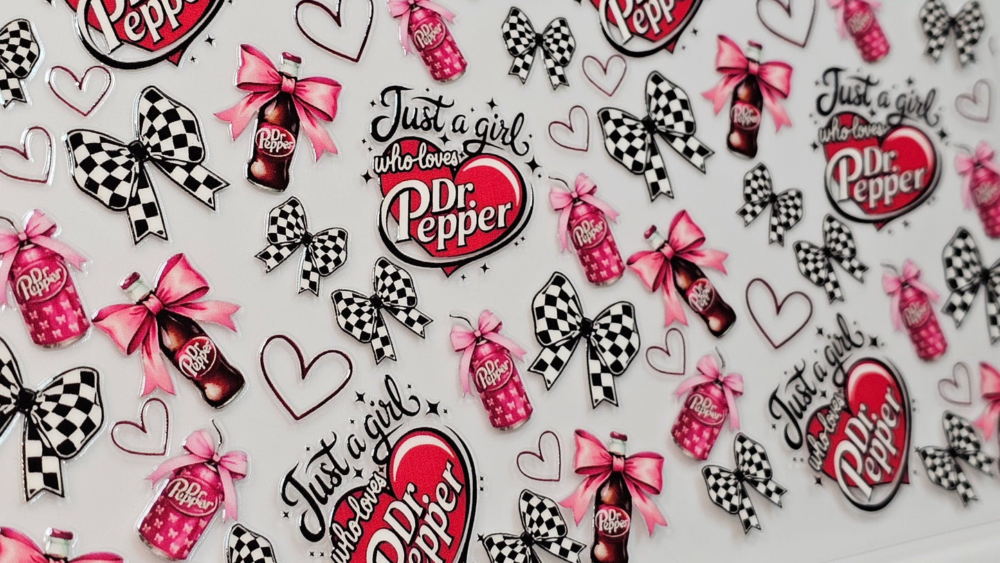 Just a Girl Who Loves Dr Pepper Sodas with Checkered and Pink Bows Drink UVDTF Wrap 16 oz