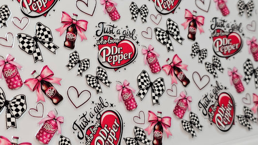 Just a Girl Who Loves Dr Pepper Sodas with Checkered and Pink Bows Drink UVDTF Wrap 16 oz